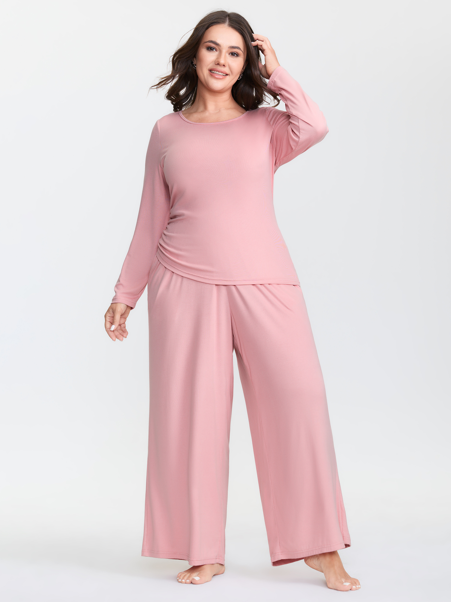 BloomChic Women's Plus Size Supersoft Plain Co-Ord Loungewear Set Beanpastepowder Solid Long Sleeve Non 14-16/1X-image-47924323483818