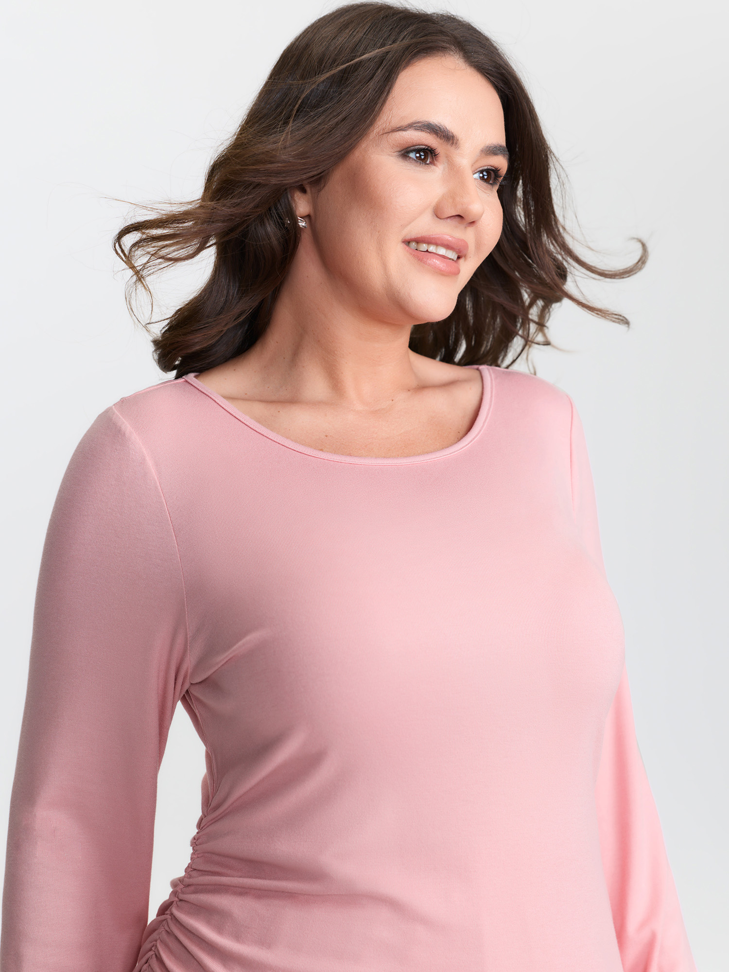 Side view of BloomChic Women's Plus Size Supersoft Plain Co-Ord Loungewear Set Beanpastepowder Solid Long Sleeve Non 30/6X