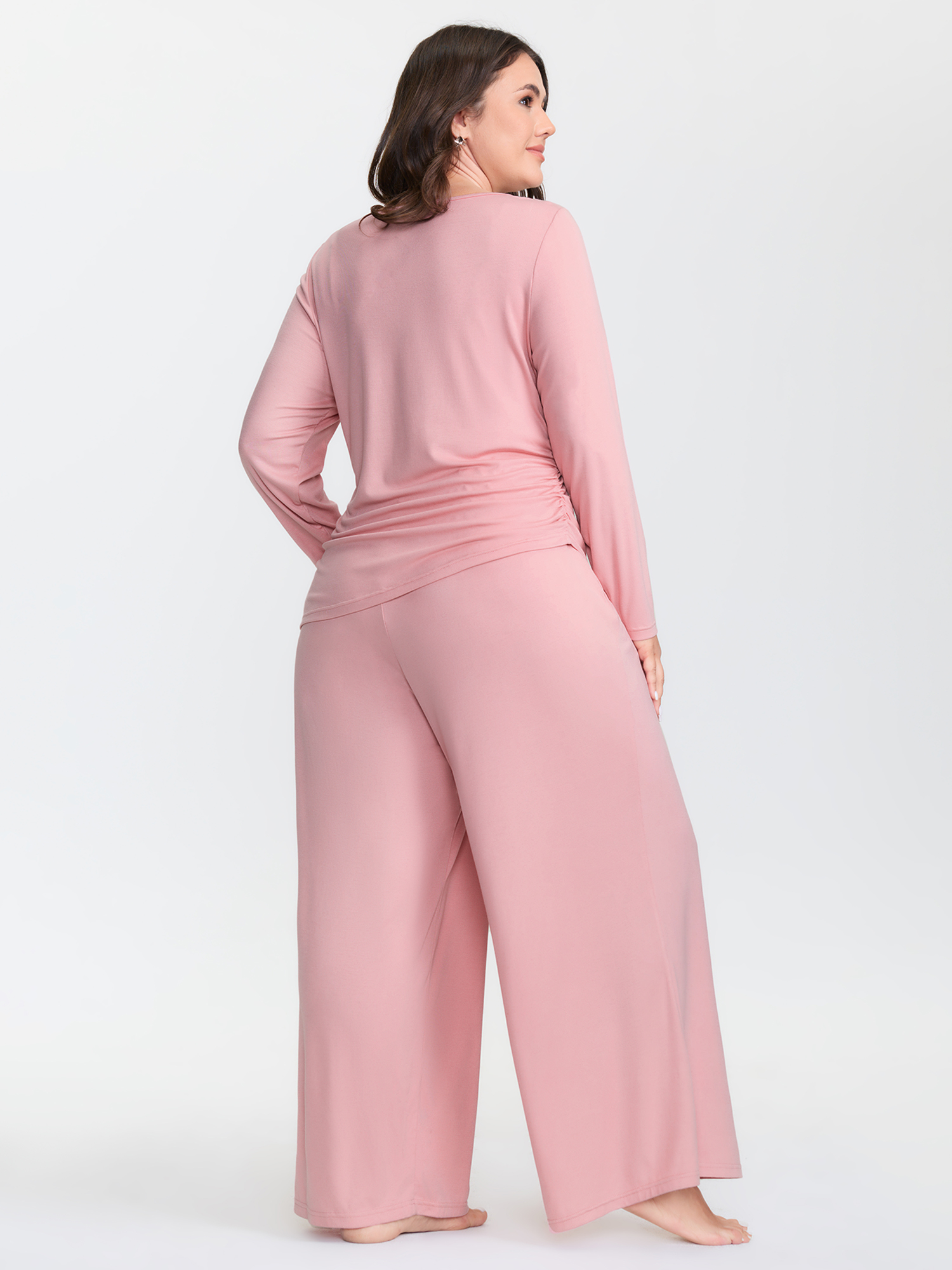Side view of BloomChic Women's Plus Size Supersoft Plain Co-Ord Loungewear Set Beanpastepowder Solid Long Sleeve Non 30/6X