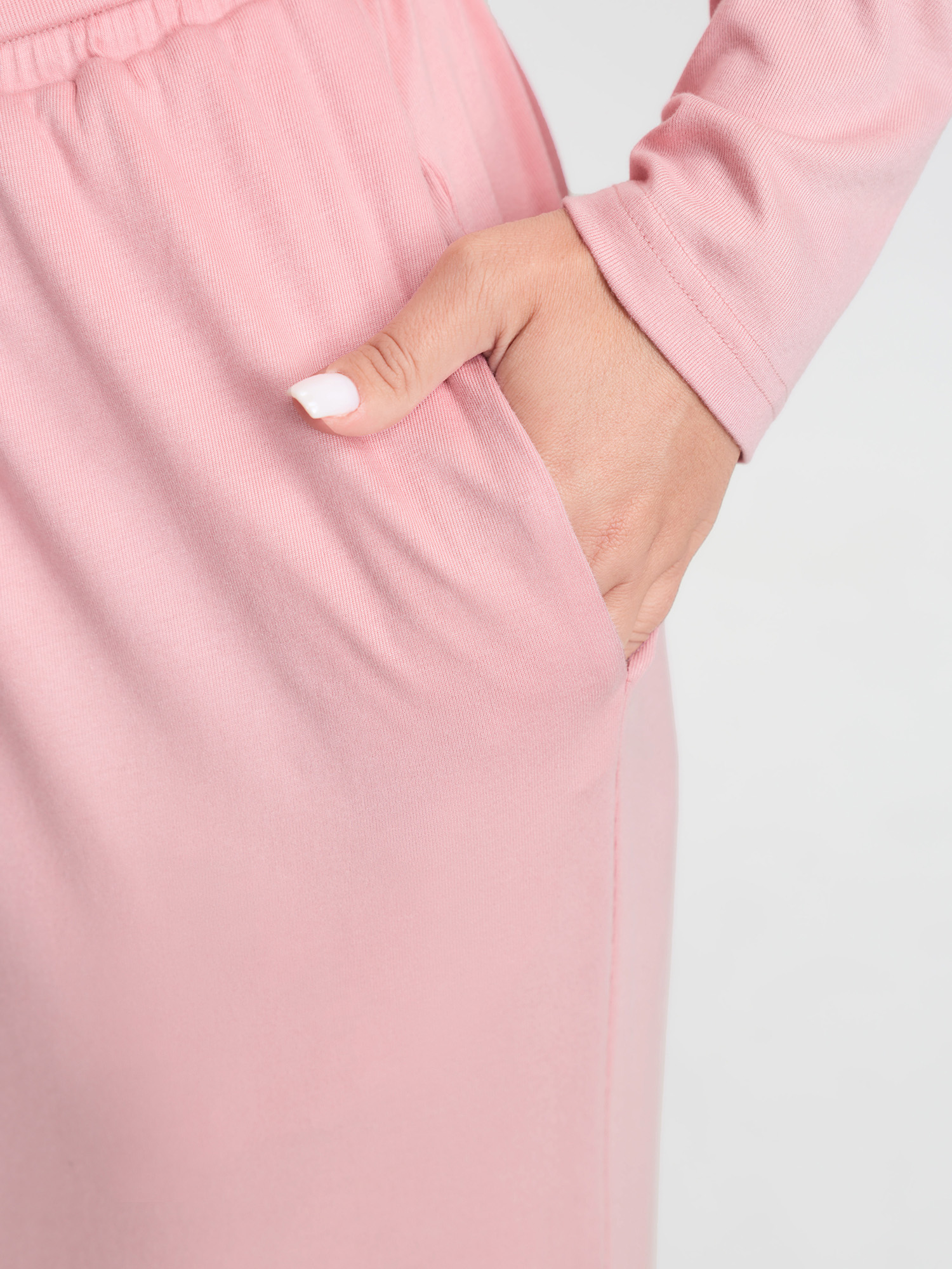 Side view of BloomChic Women's Plus Size Supersoft Plain Co-Ord Loungewear Set Beanpastepowder Solid Long Sleeve Non 30/6X