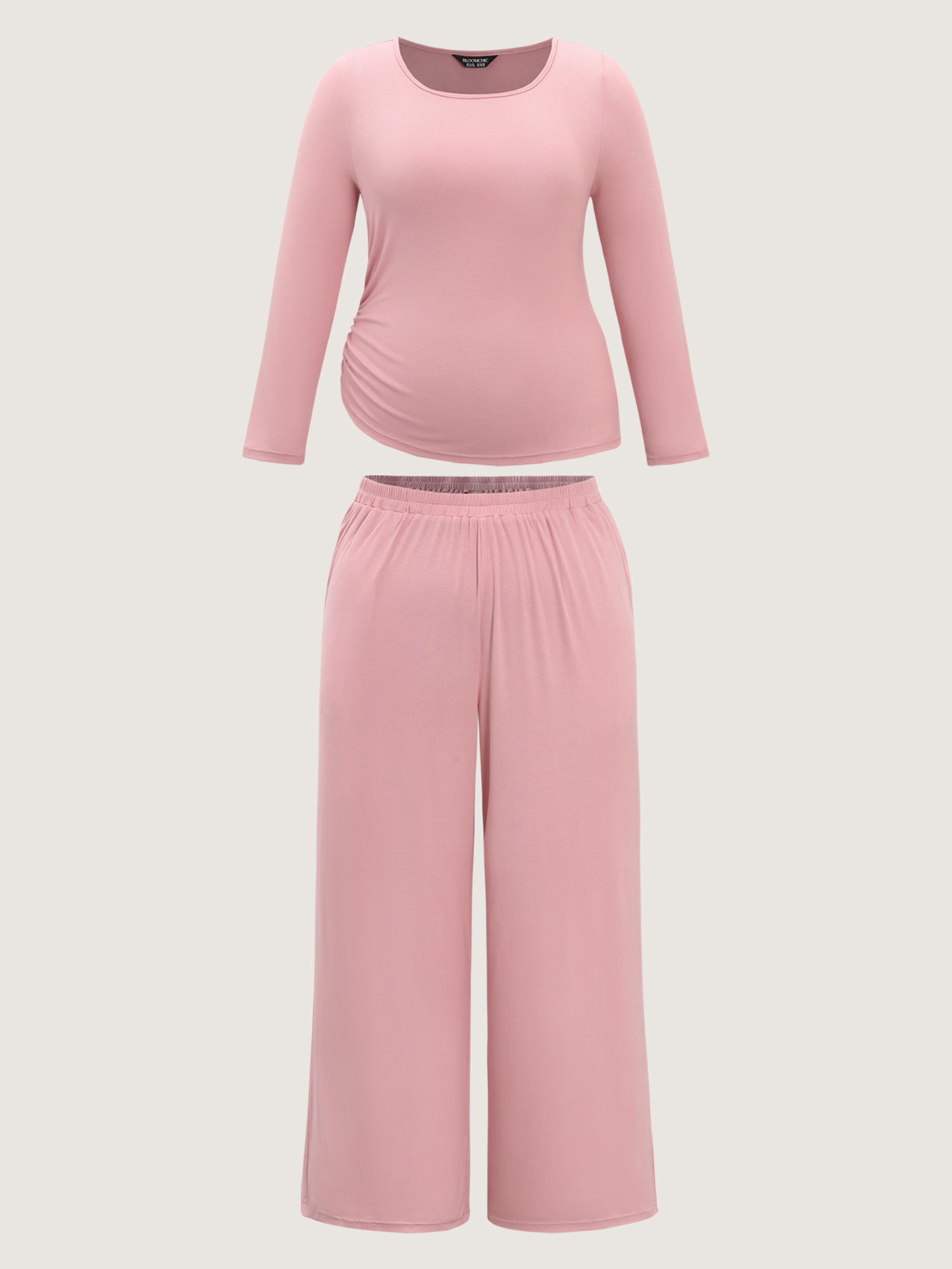 Side view of BloomChic Women's Plus Size Supersoft Plain Co-Ord Loungewear Set Beanpastepowder Solid Long Sleeve Non 30/6X