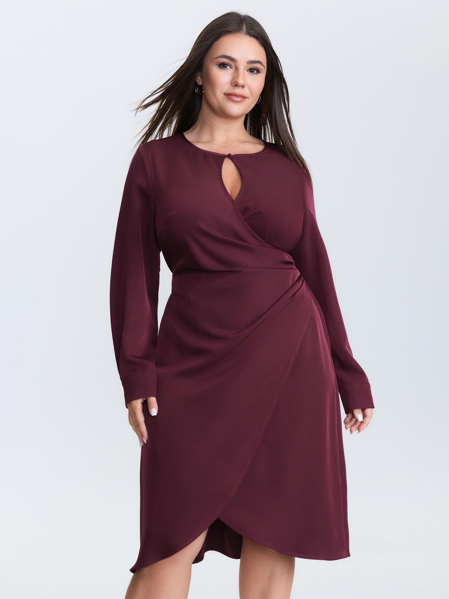 BloomChic Women's Plus Size Draped Keyhole Neckline Midi Dress Burgundy Solid Midi Office Wrap / Overlap 22-24/3X