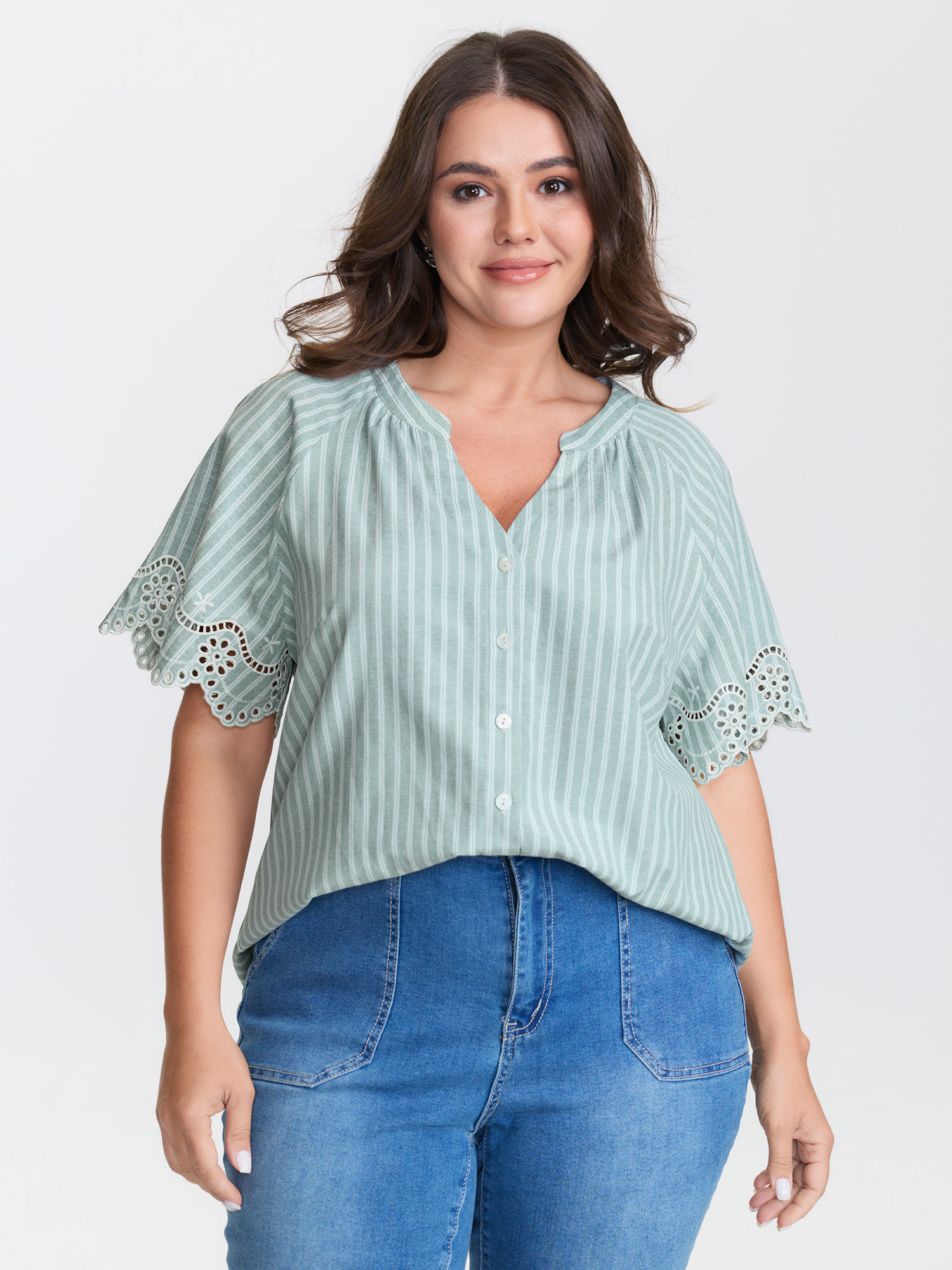 BloomChic Women's Plus Size Striped Cut-Out Embroidery Blouse Mint Stripes Casual Short sleeve 10/M