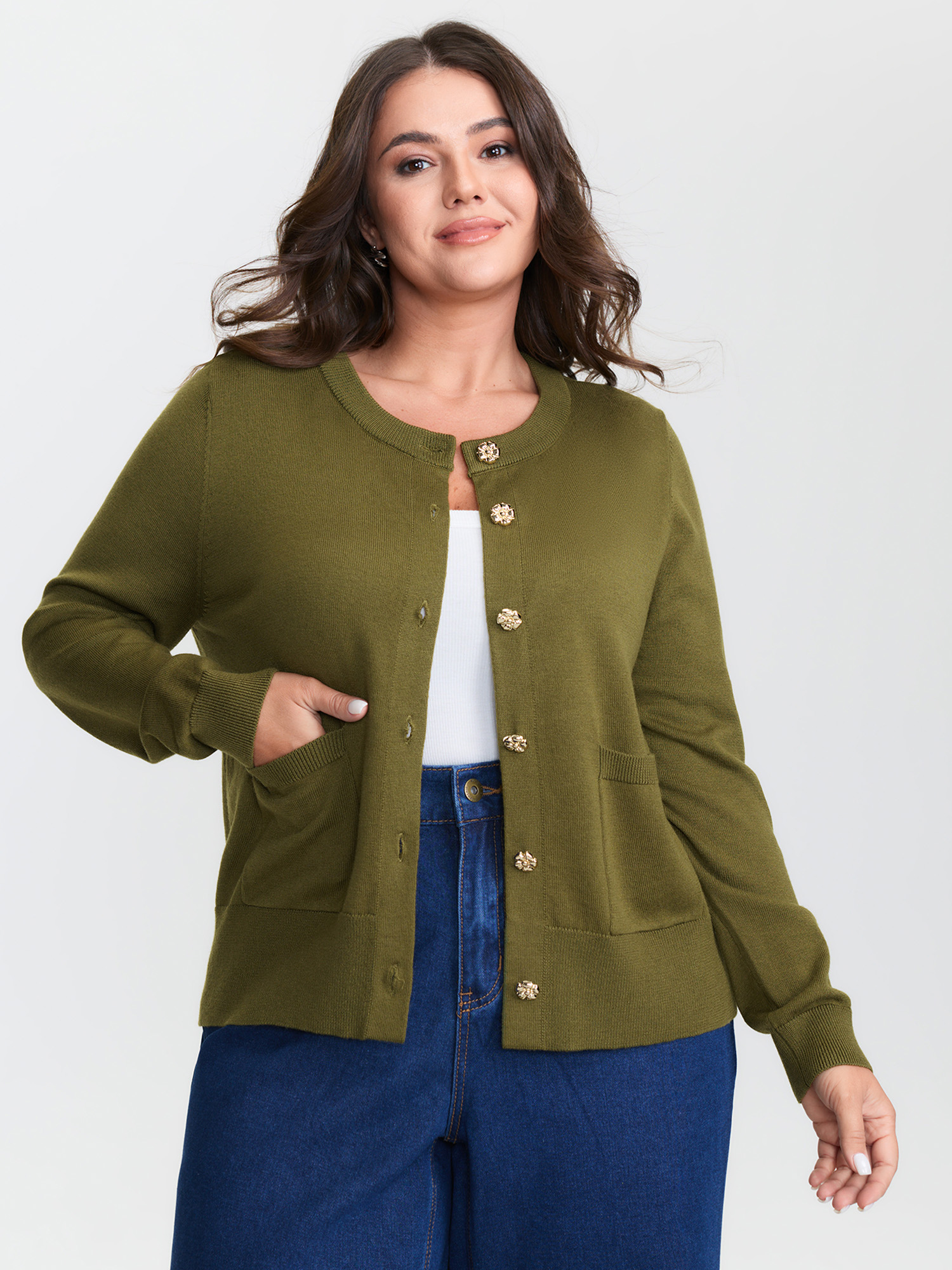BloomChic Women's Plus Size Floral Metal Buttons Wool Blend Knit Cardigan Olive Long Sleeve Round Neck 10/M