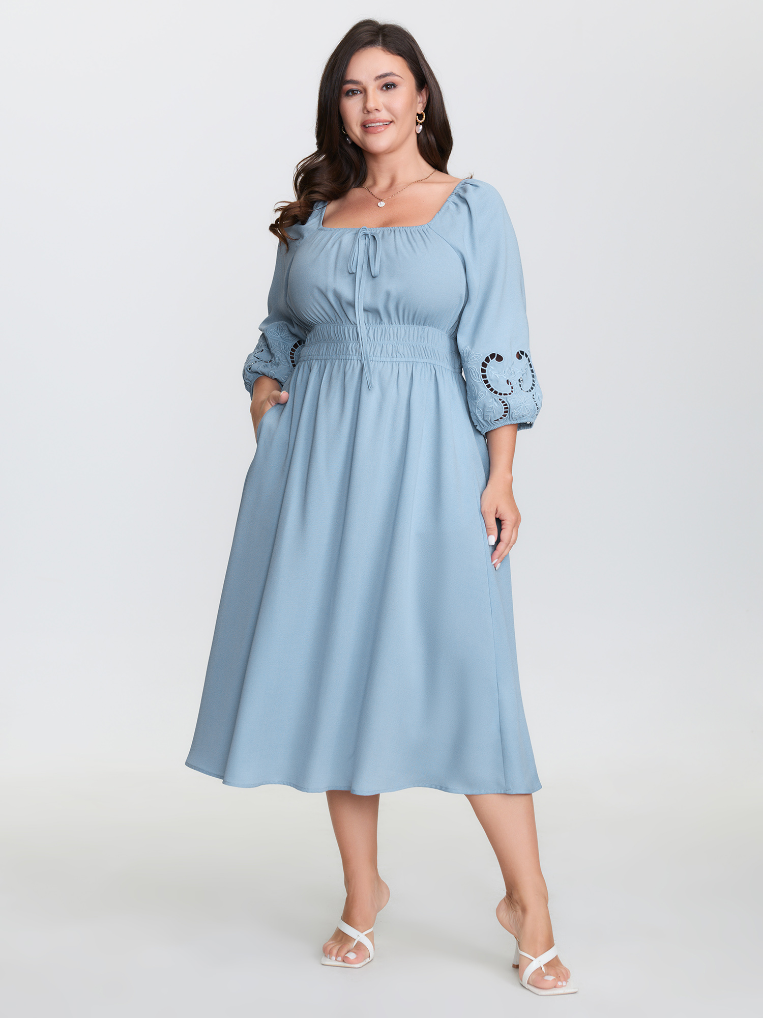 BloomChic Plus Size Floral Cut-Out Embroidery Stretchy Waist Midi Dress - Curve Ladies LightBlue 3/4 Sleeve Solid Side Pocket Daily Dresses 16/L