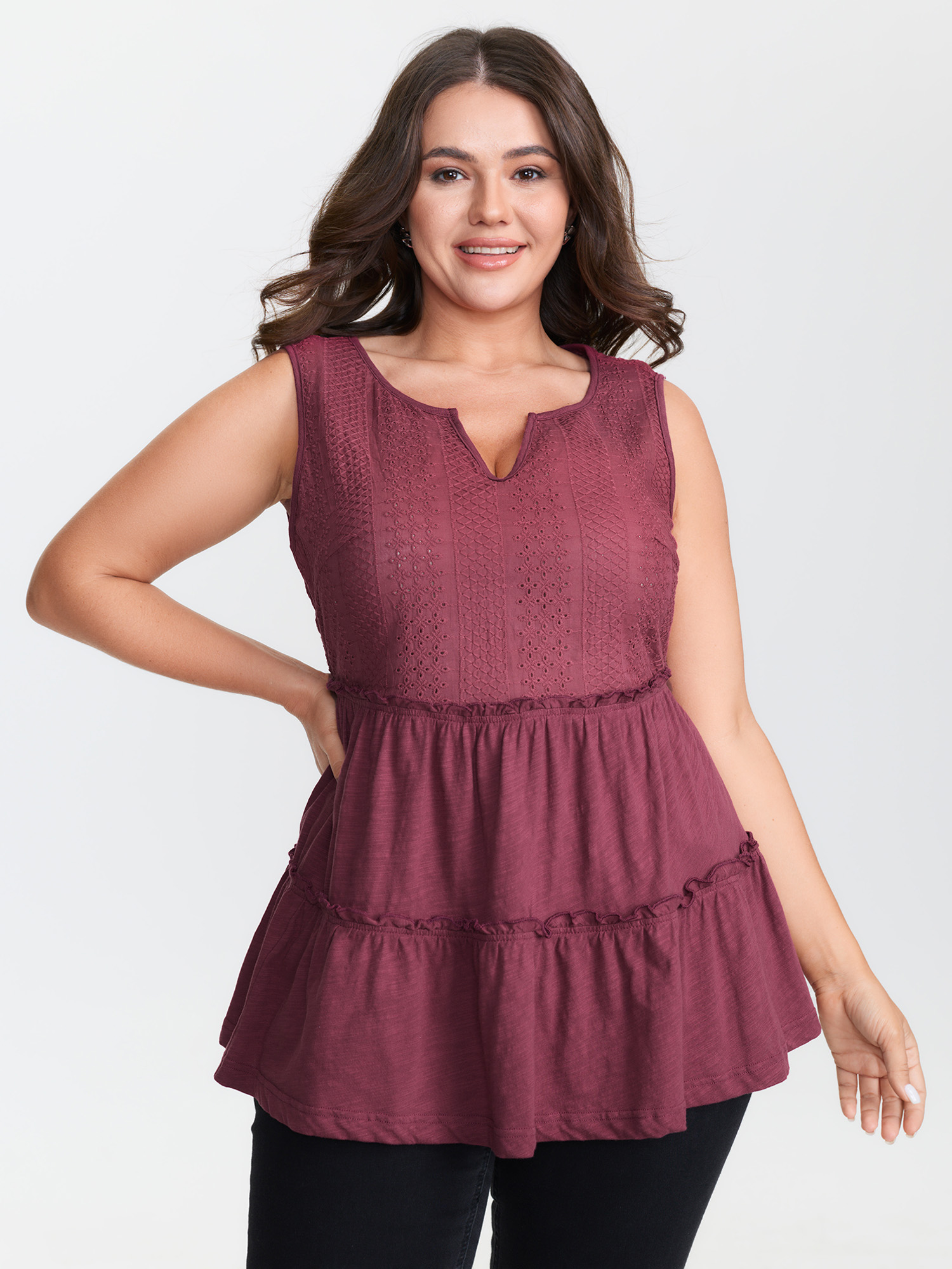 BloomChic Women's Plus Size Cotton Notched Neck Layered Tank Top Burgundy Everyday-Casual Babydoll V-Notch Neck 22-24/3X