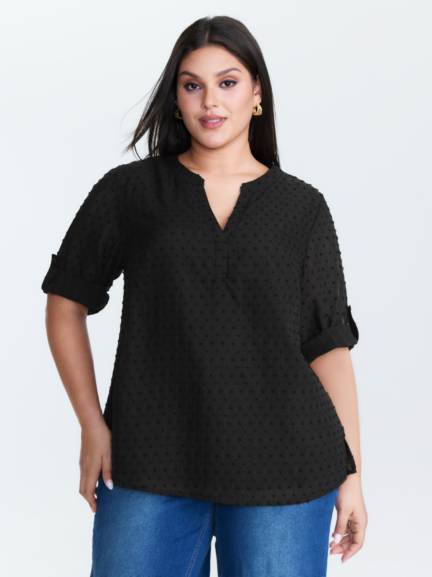 BloomChic Plus Size Textured Polka Dots Sheer Blouse - Women's Black Synthetic texture 3/4 Sleeve Office Blouses 18-20/1X
