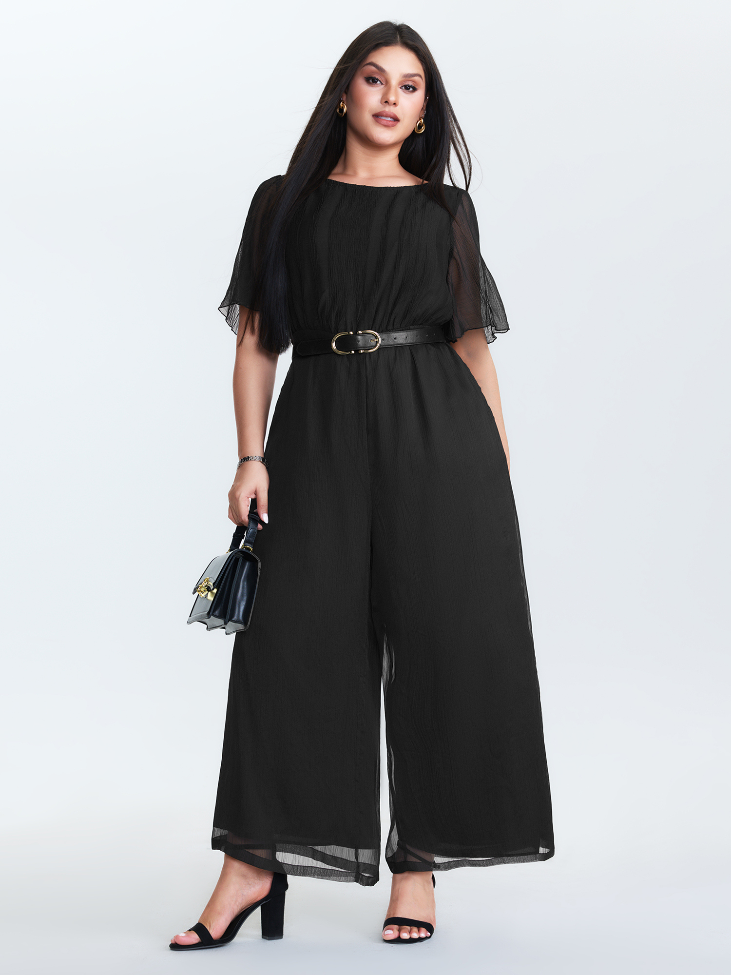 BloomChic Plus Size Sheer Textured Flowy Jumpsuit - Curve Women's Black Playsuit - Side seam pocket X-line Jumpsuits 16/L