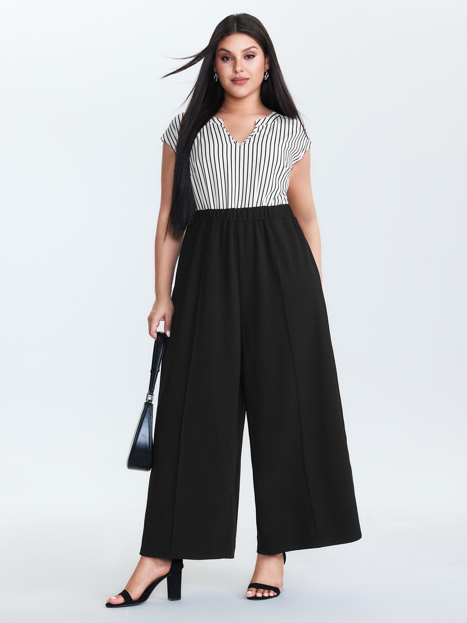BloomChic Women's Plus Size Striped Color Contrast Jumpsuit Black Office 14-16/1X