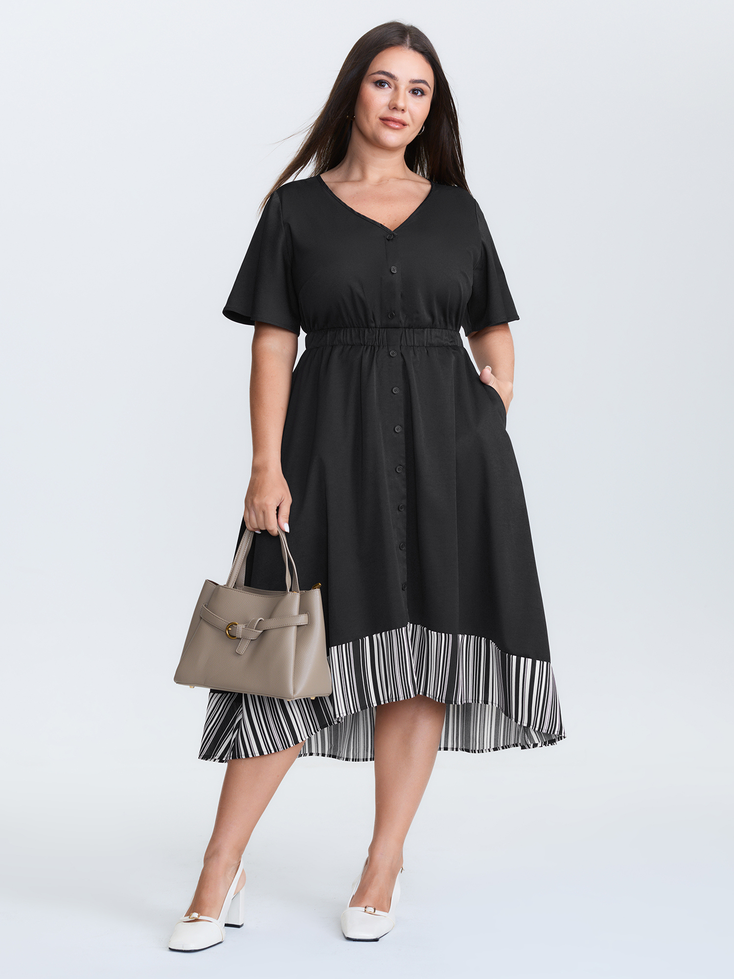 BloomChic Women's Plus Size V Neck Button Front Striped Hem Midi Dress Black Color Block Midi Office Colorblock 10/M