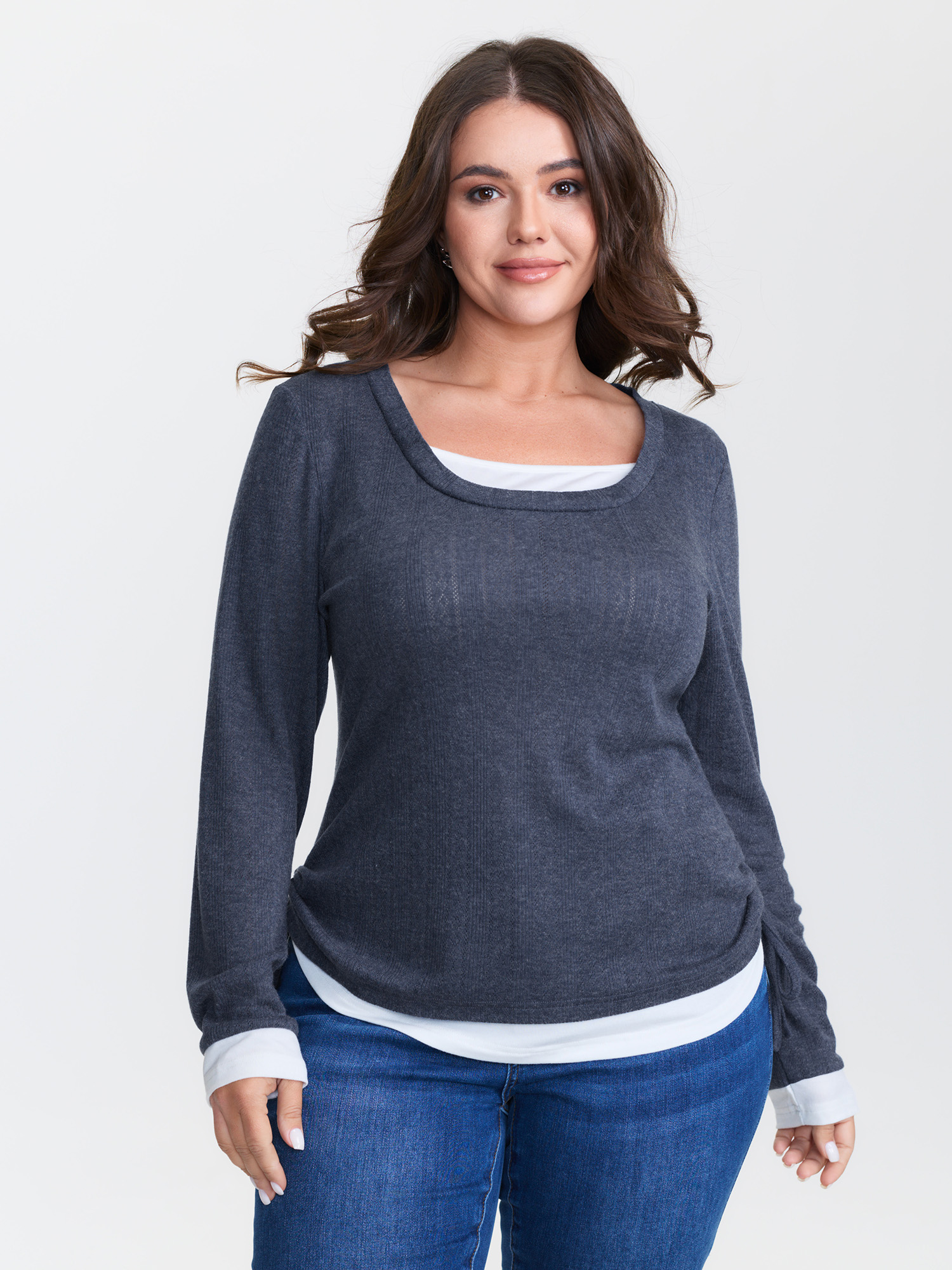 BloomChic Women's Plus Size Supersoft 2-in-1 Textured Color Contrast T-Shirt Indigo Solid Everyday-Casual Long Sleeve U-Neck 10/M