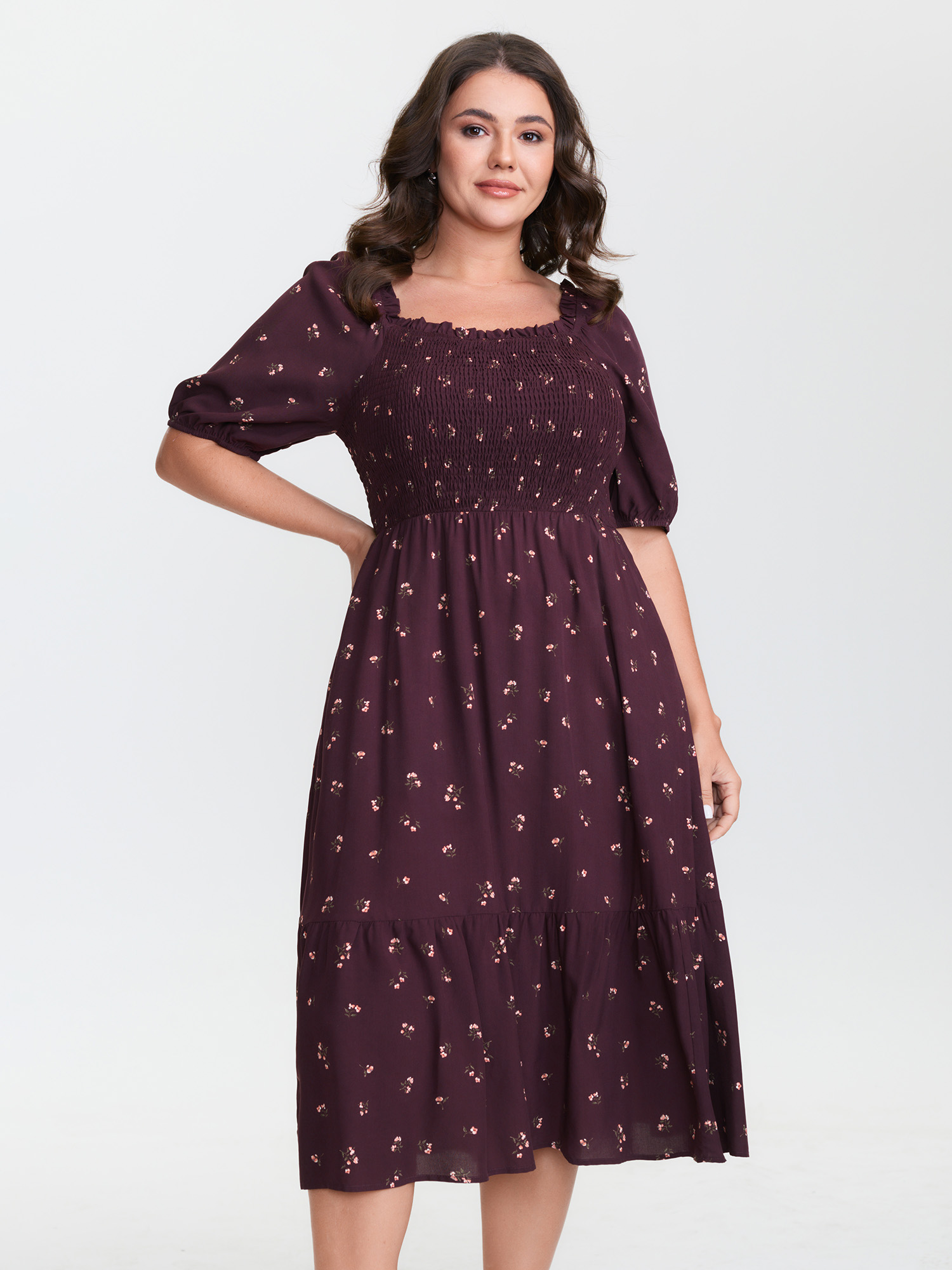 BloomChic Plus Size Micro Floral Shirred Bodice Midi Dress - Curve Ladies Burgundy Americana Daily Half Sleeve Ditsy Floral Side seam pocket Daily Dresses 30/4X