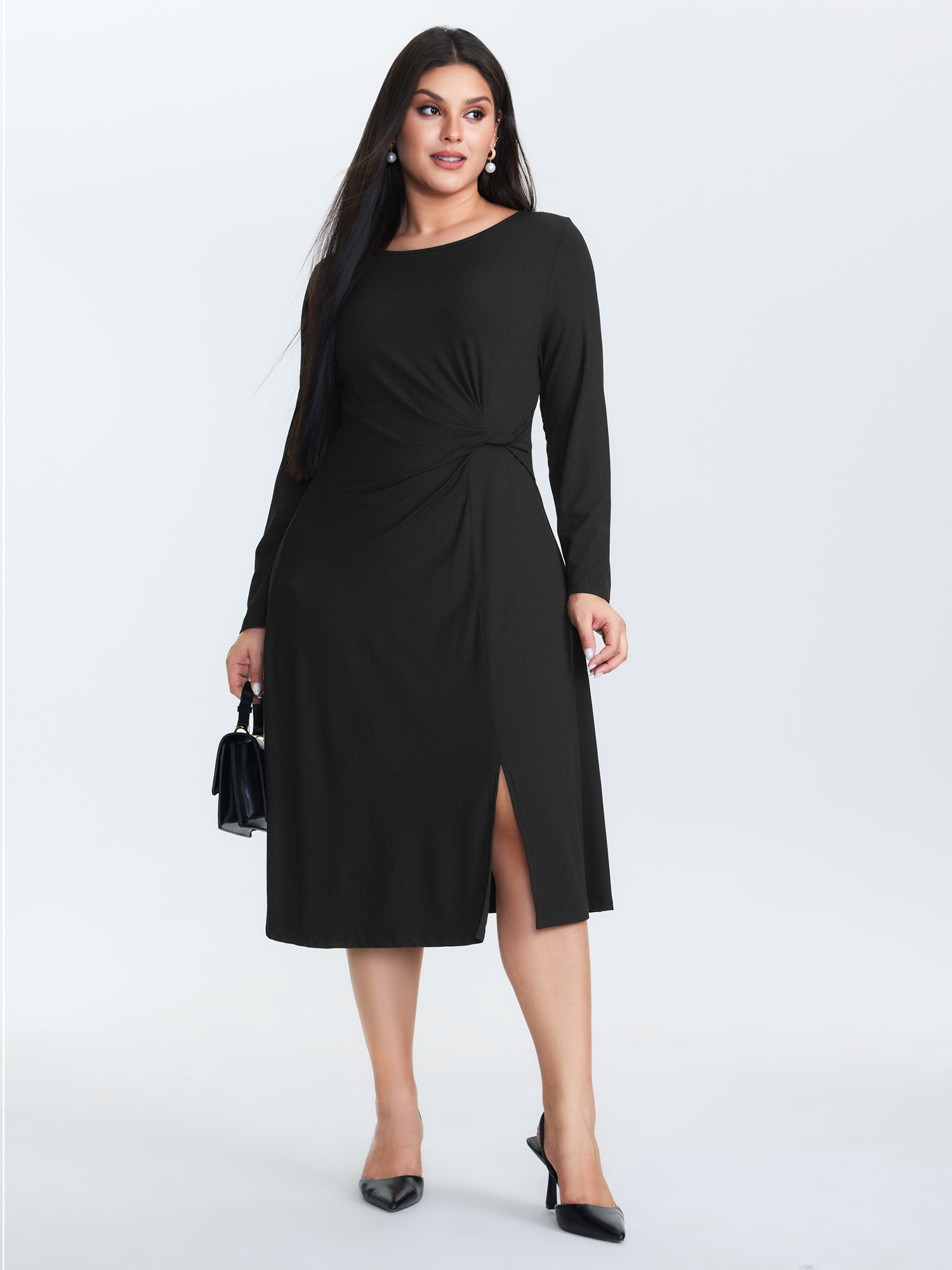 BloomChic Women's Plus Size Supersoft Knotted Side Slit Midi Dress Black Office Midi Twist Round Neck 30/6X