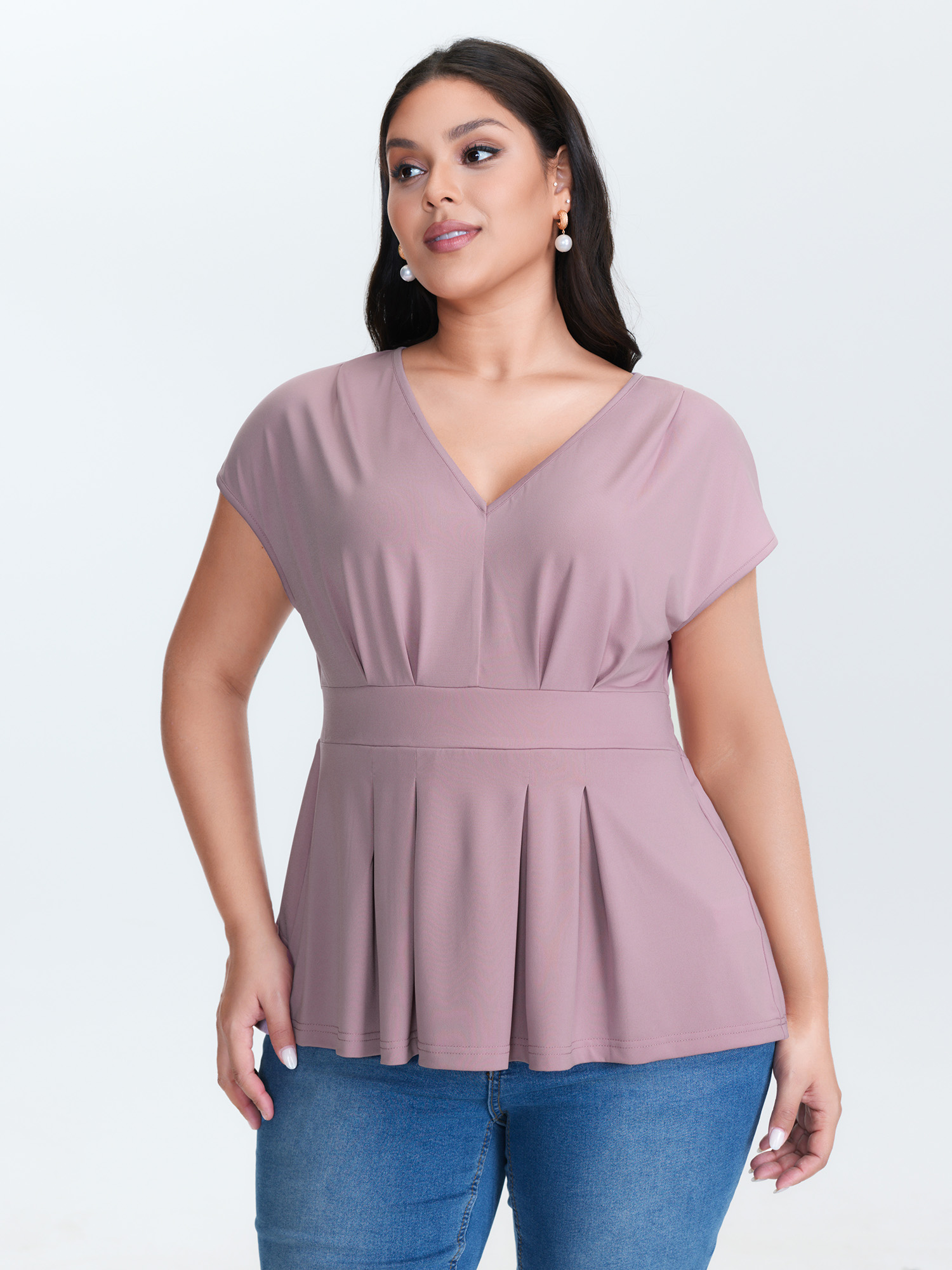BloomChic Women's Plus Size V-Neck Pleated Plain Knit Top Mauve Short sleeve Everyday-Elegant 10/M