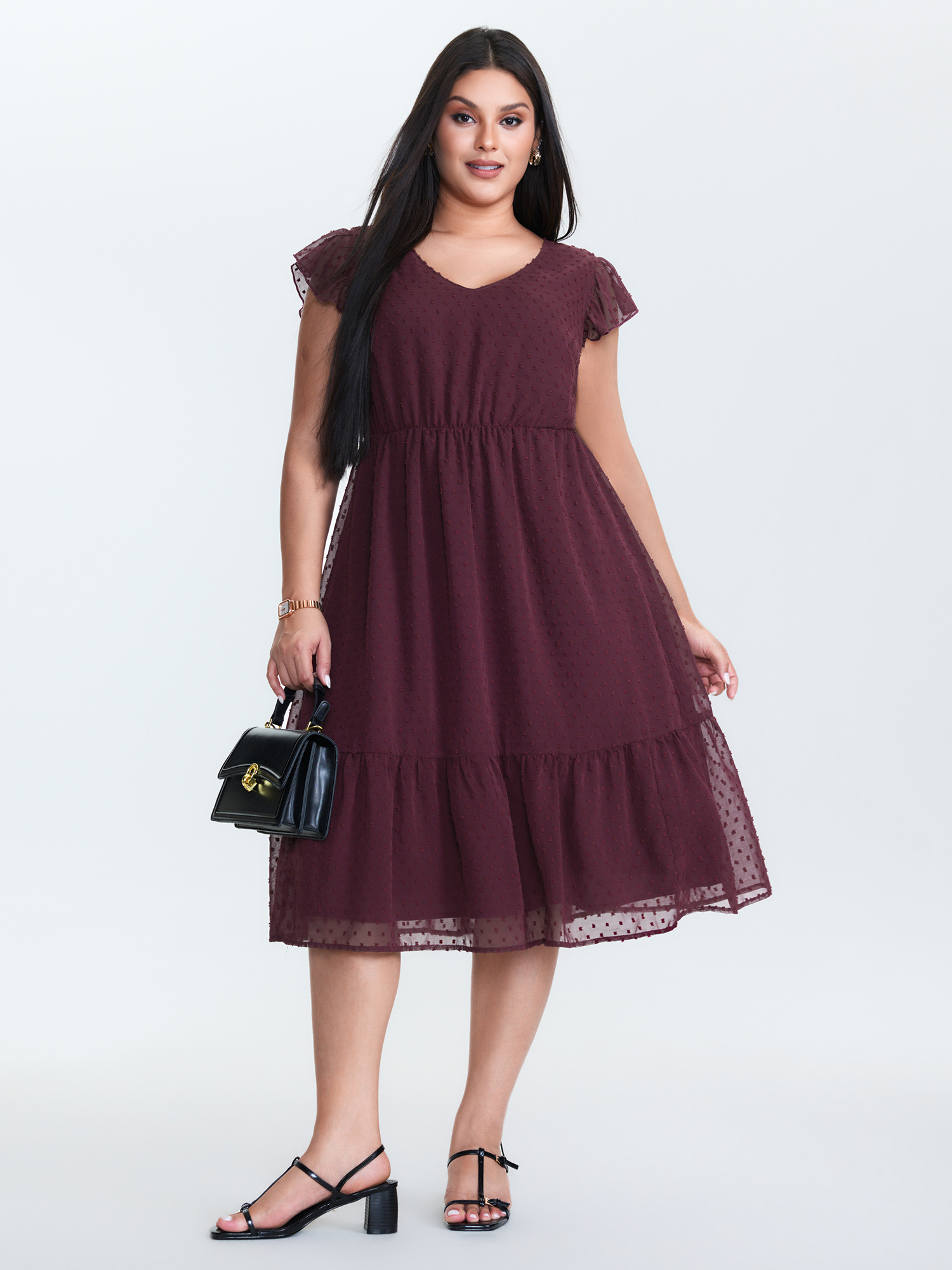 BloomChic Women's Plus Size Textured Chiffon Flutter Sleeve Midi Dress Scarlet Synthetic texture Midi Office Texture 14-16/1X