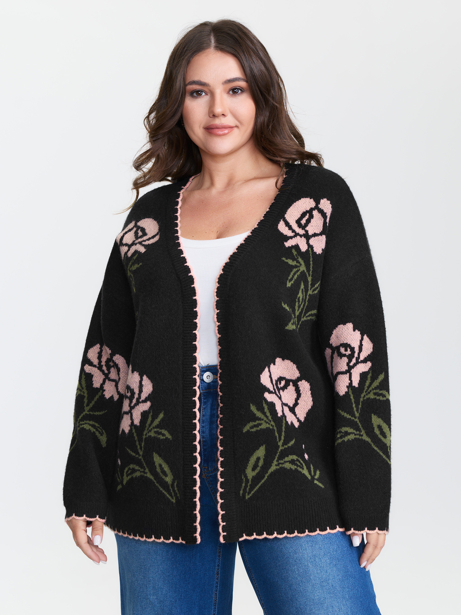 BloomChic Women's Plus Size Floral Pattern Jacquard Wavy Edge Knit Cardigan Black Long Sleeve V-Neck 10/M
