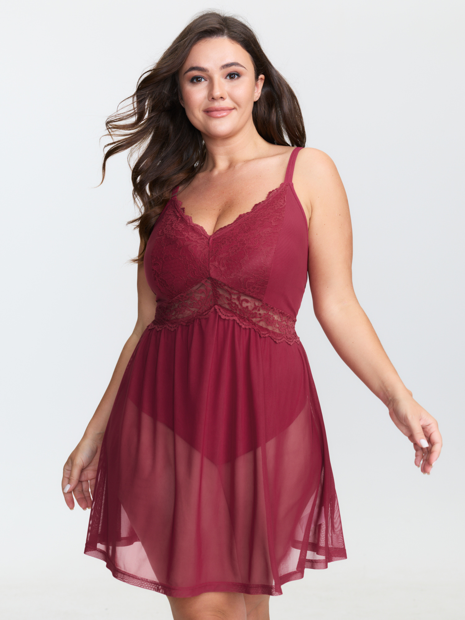 BloomChic Women's Plus Size Lace Deep V-Neckline Sheer Nightgown Crimson Sleeveless Mini V-Neck 18-20/2X-image-47888033448106