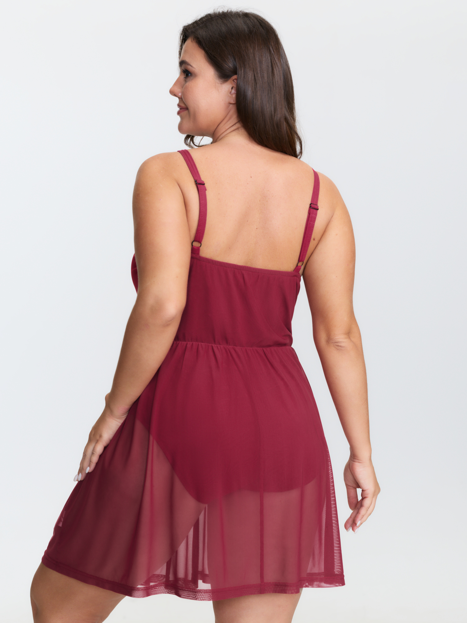 Side view of BloomChic Women's Plus Size Lace Deep V-Neckline Sheer Nightgown Crimson Sleeveless Mini V-Neck 22-24/3X