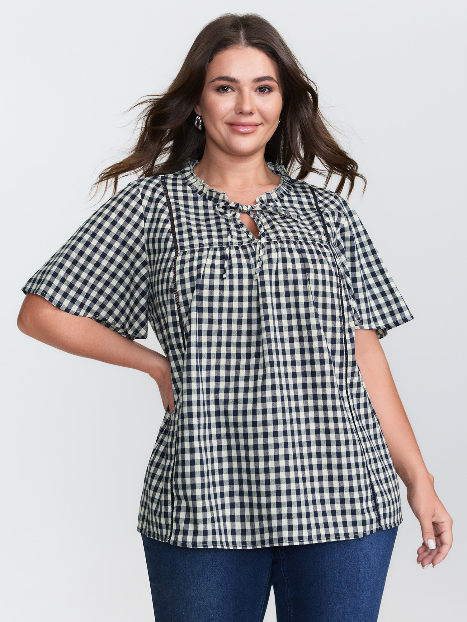 BloomChic Women's Plus Size Checkered Drawstring Neckline Blouse Indigo Plaid Everyday-Casual Short sleeve Knotted Neckline 10/M