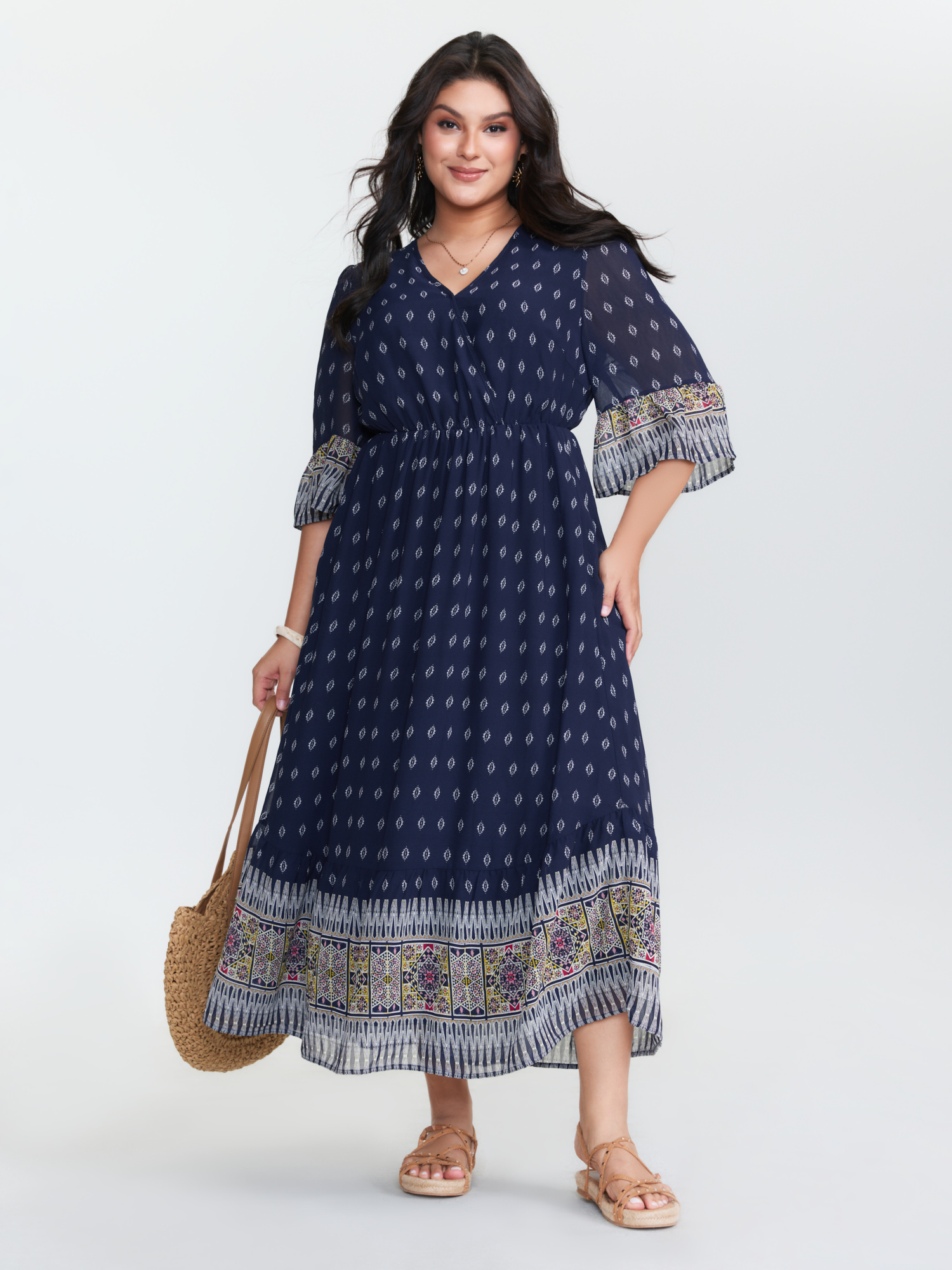 BloomChic Women's Plus Size Boho Geometric Print Wrap Maxi Dress Indigo Maxi Vacation 10/M
