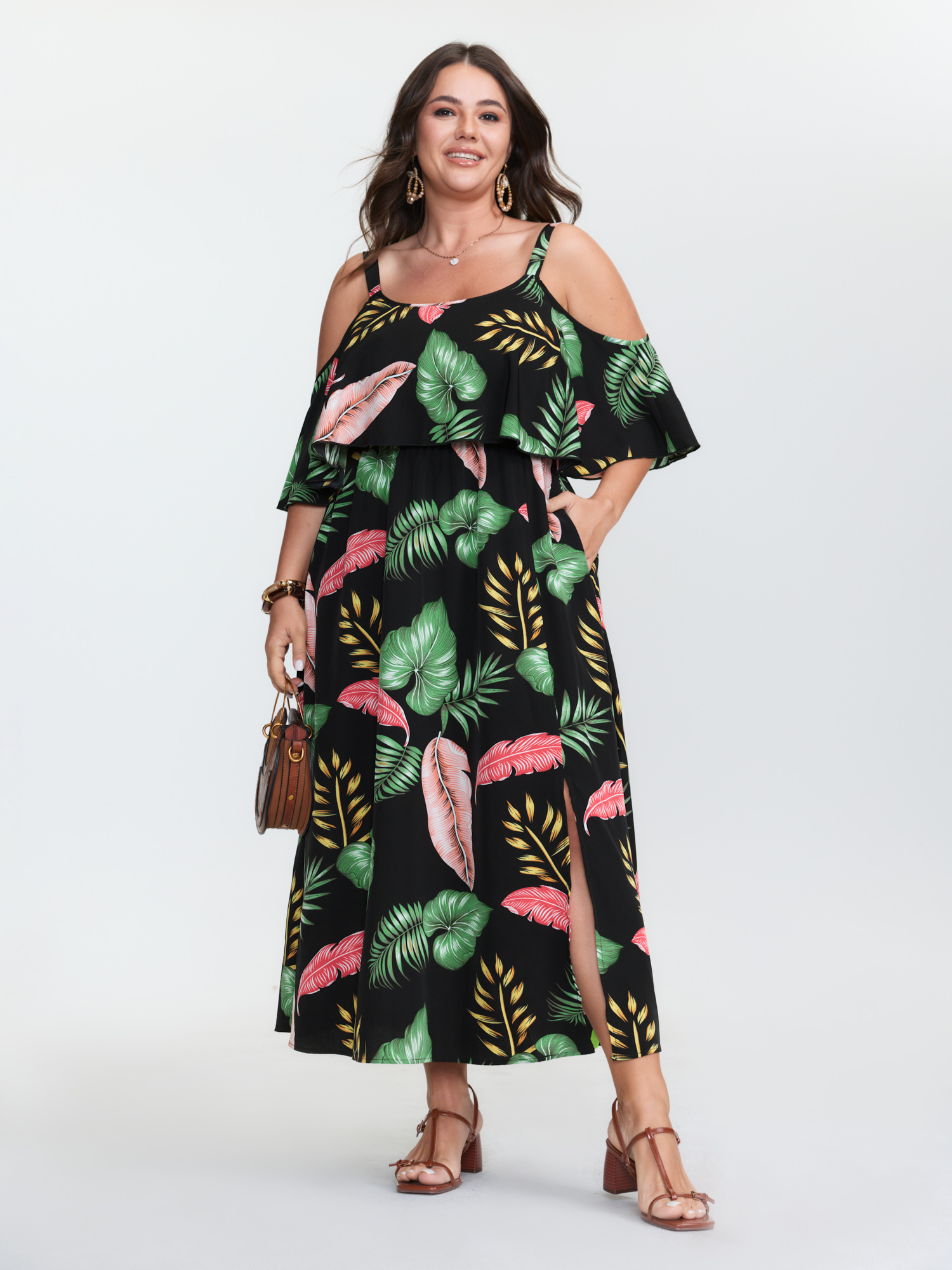 BloomChic Women's Plus Size Tropical Pattern Off-Shoulder Maxi Dress Black Tropical Maxi Vacation 12/L