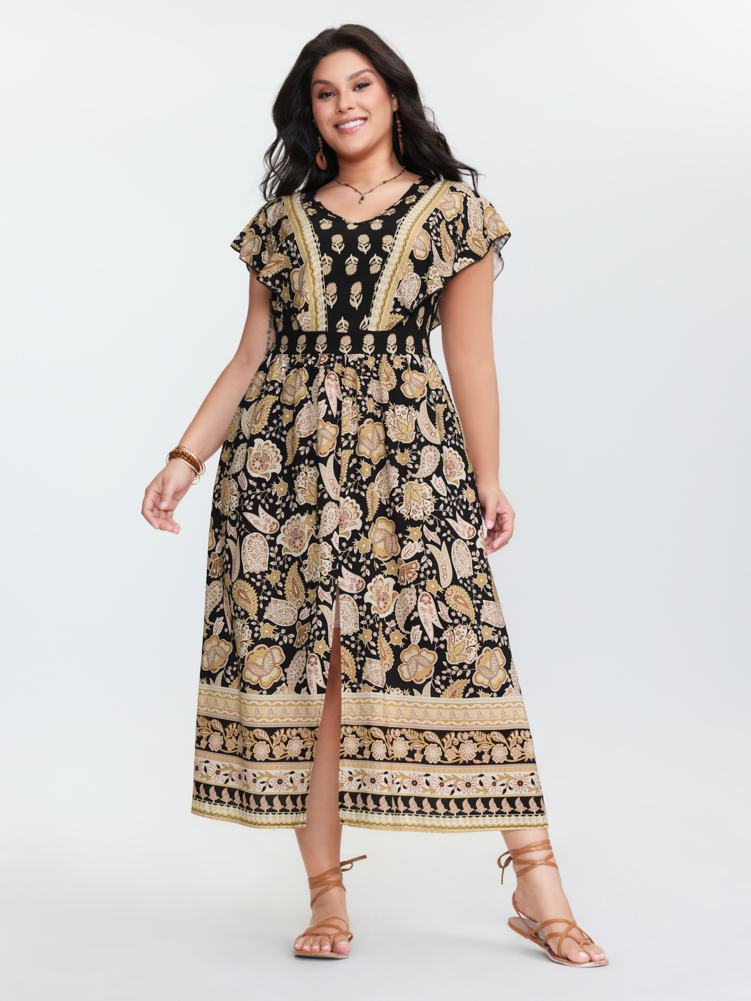 BloomChic Women's Plus Size Floral Print V-Neck Slit Maxi Dress Multicolor Paisley Maxi Vacation Slit 22-24/3X