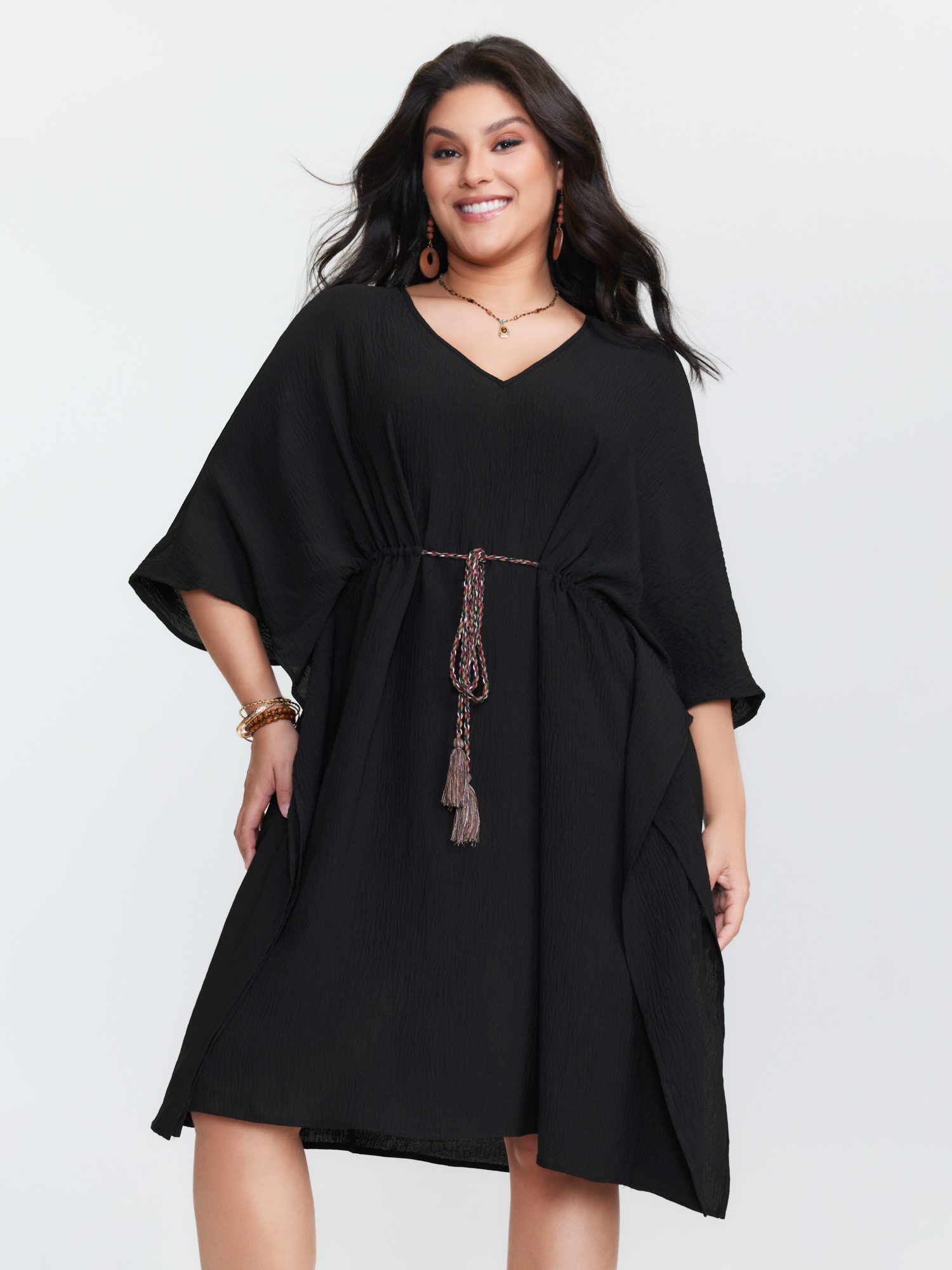 BloomChic Women's Plus Size Dolman Sleeve Colorful Drawstring Waist Mini Dress Black Non Knee Vacation Tassels 10/M