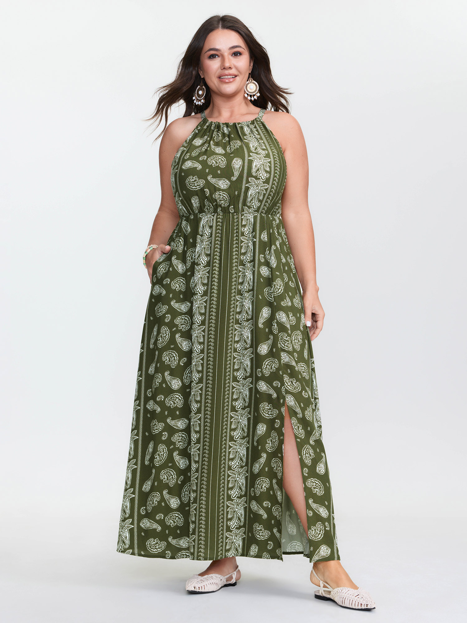 BloomChic Women's Plus Size Silhouette Flower Striped Halter Neck Maxi Dress ArmyGreen Paisley Maxi Vacation 10/M