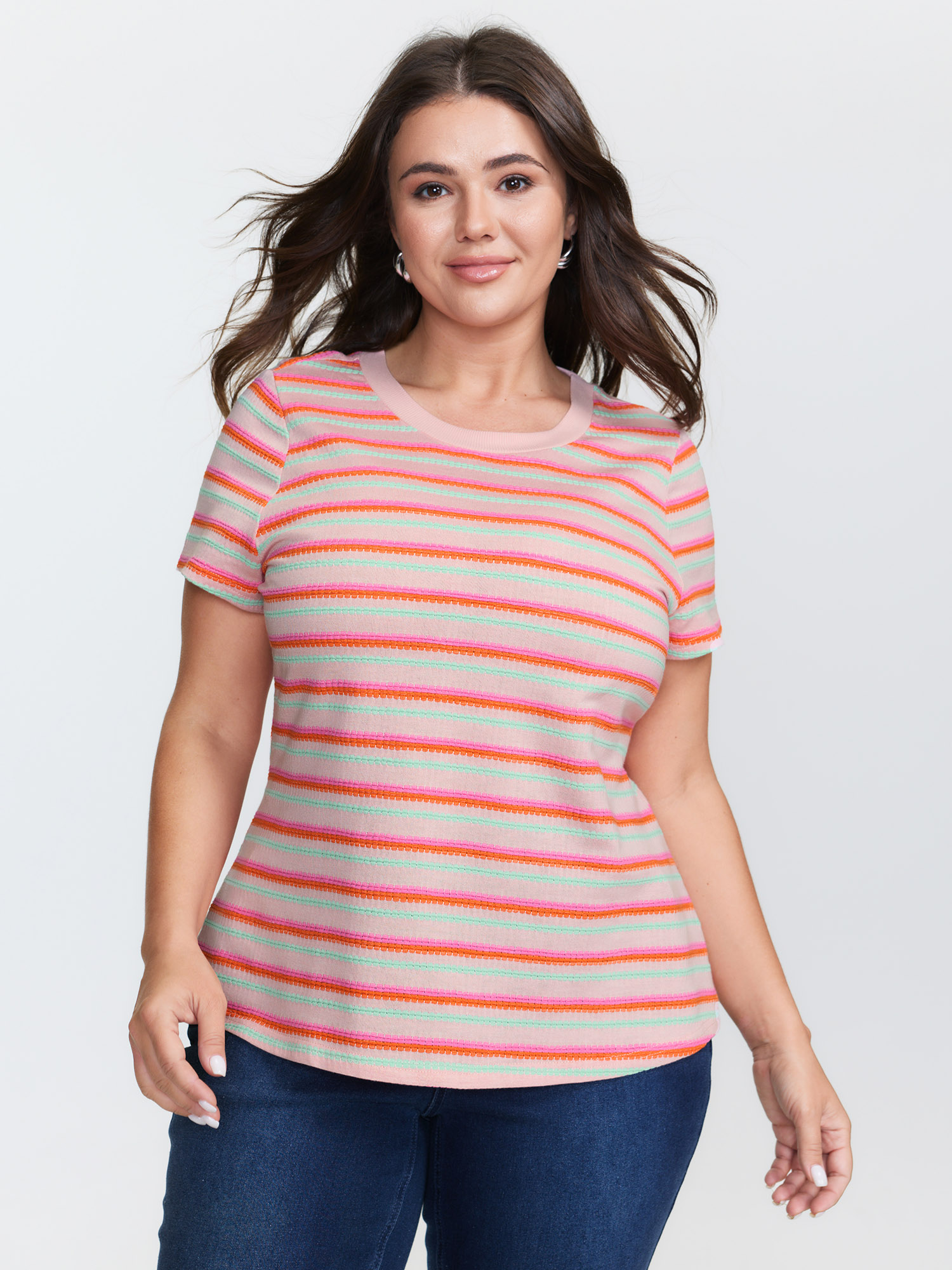 BloomChic Plus Size Striped Stretchy Round Neck T-Shirt - Women's Lightpink Solid Round Neck Comfort Midsection Fit Long Sleeve Playful T-shirts 14/M