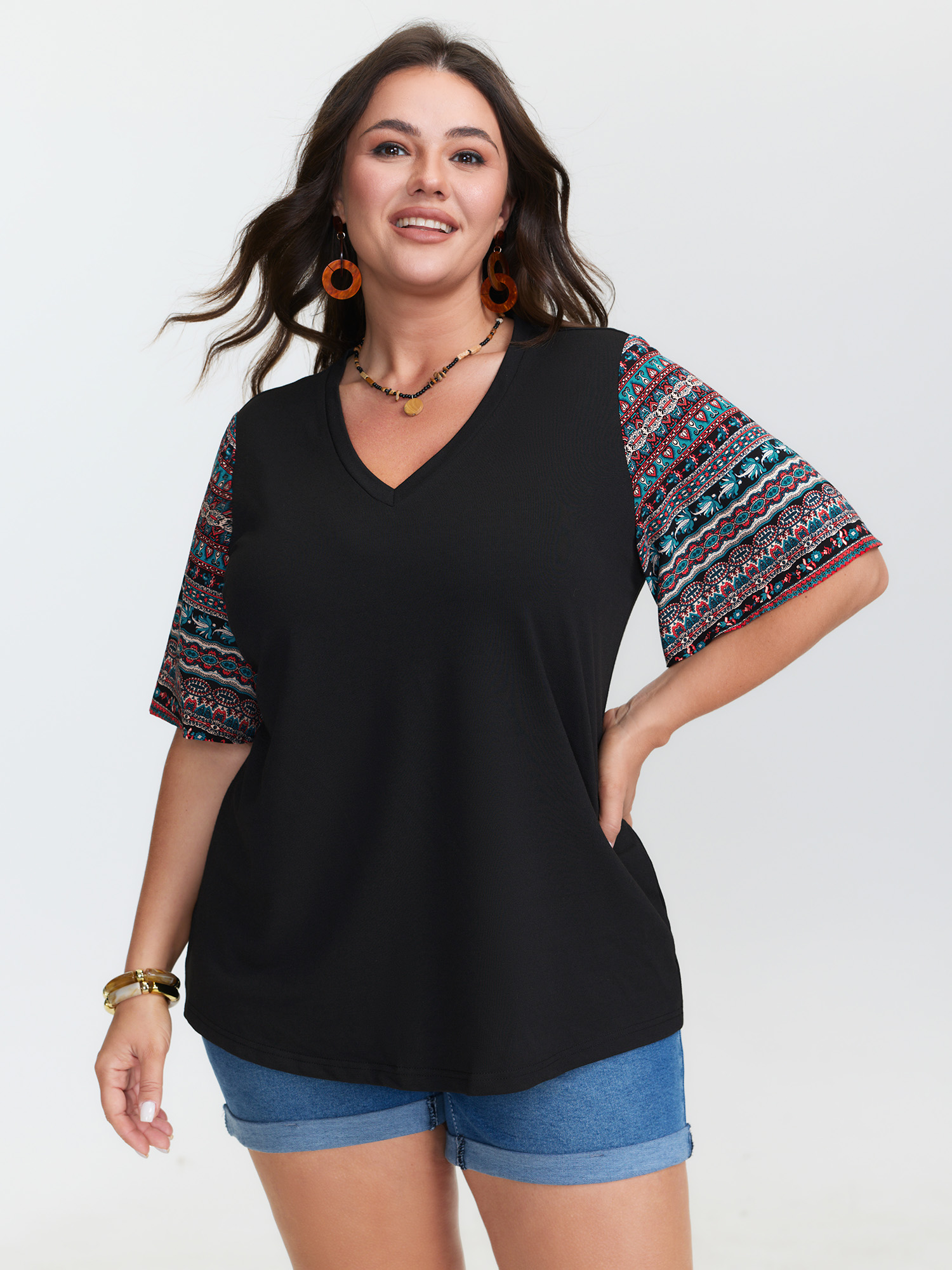 BloomChic Plus Size Colorful Boho Sleeve V-Neck Blouse - Women's Black Short sleeve Boho Blouses 34/6X