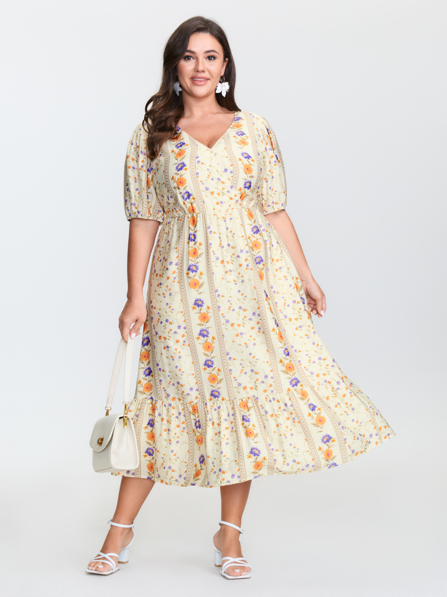 BloomChic Women's Plus Size Floral Print Surplice Neck Tie Midi Dress Beige Ditsy Floral Midi Everyday-Elegant Overlapping 10/M