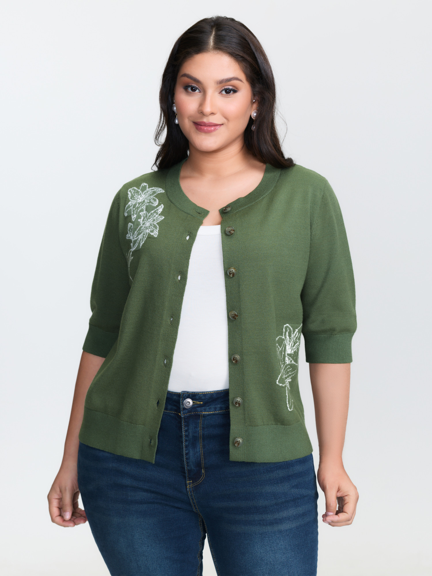 BloomChic Women's Plus Size Floral Pattern Jacquard Button Knit Cardigan Sage Half Sleeve 30/6X