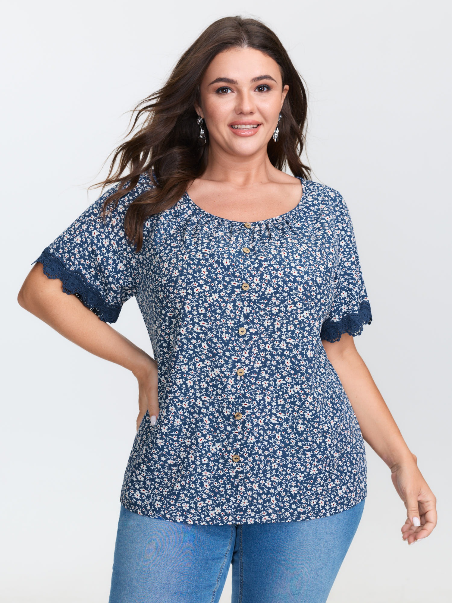 Bloomchic Floral Print Buttons Lace Sleeve Blouse In Blue
