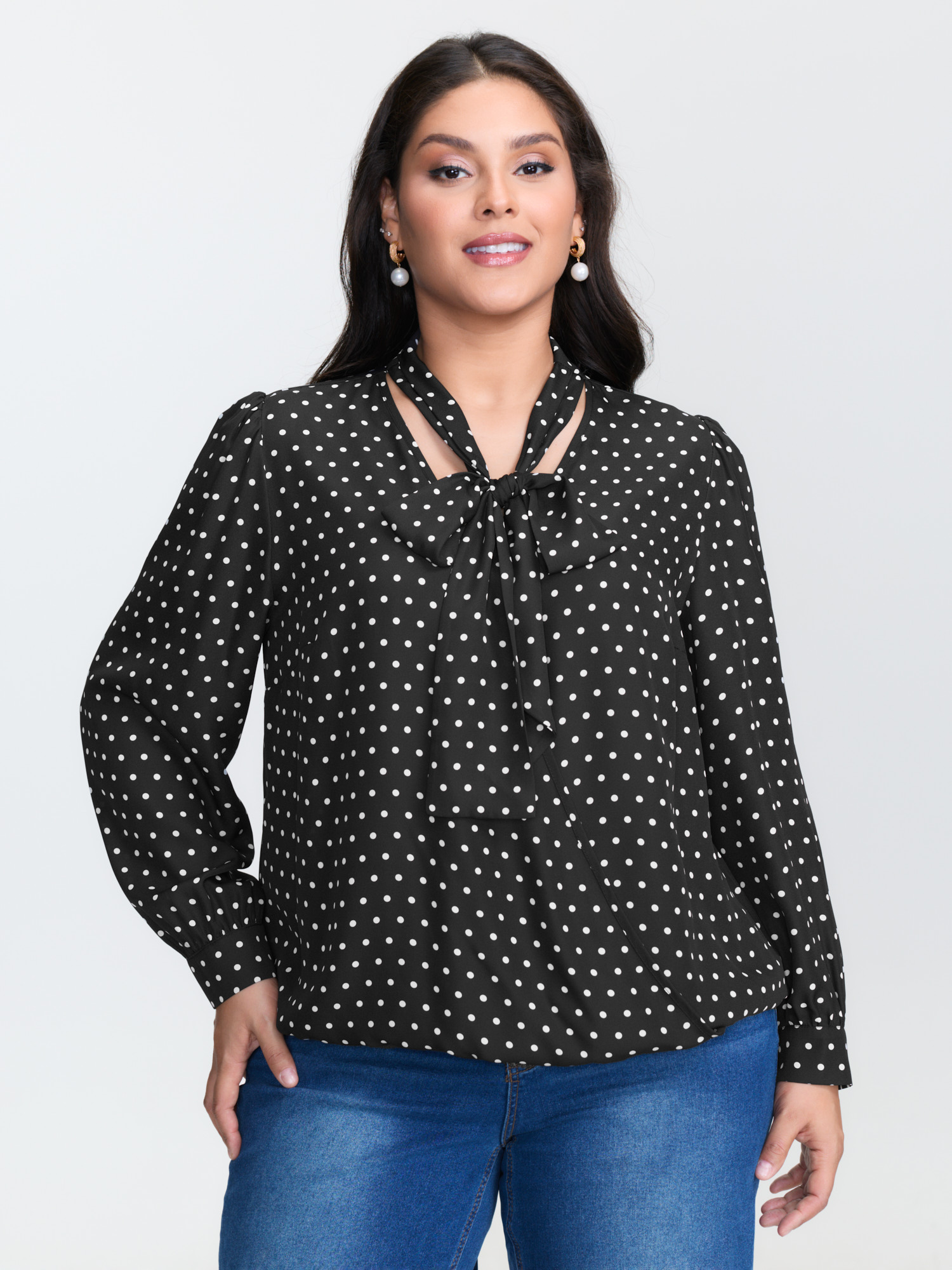BloomChic Women's Plus Size Retro Polka Dots Ribbon Neckline Blouse Black Polka dots Everyday-Elegant Extra Long Sleeve 12/L