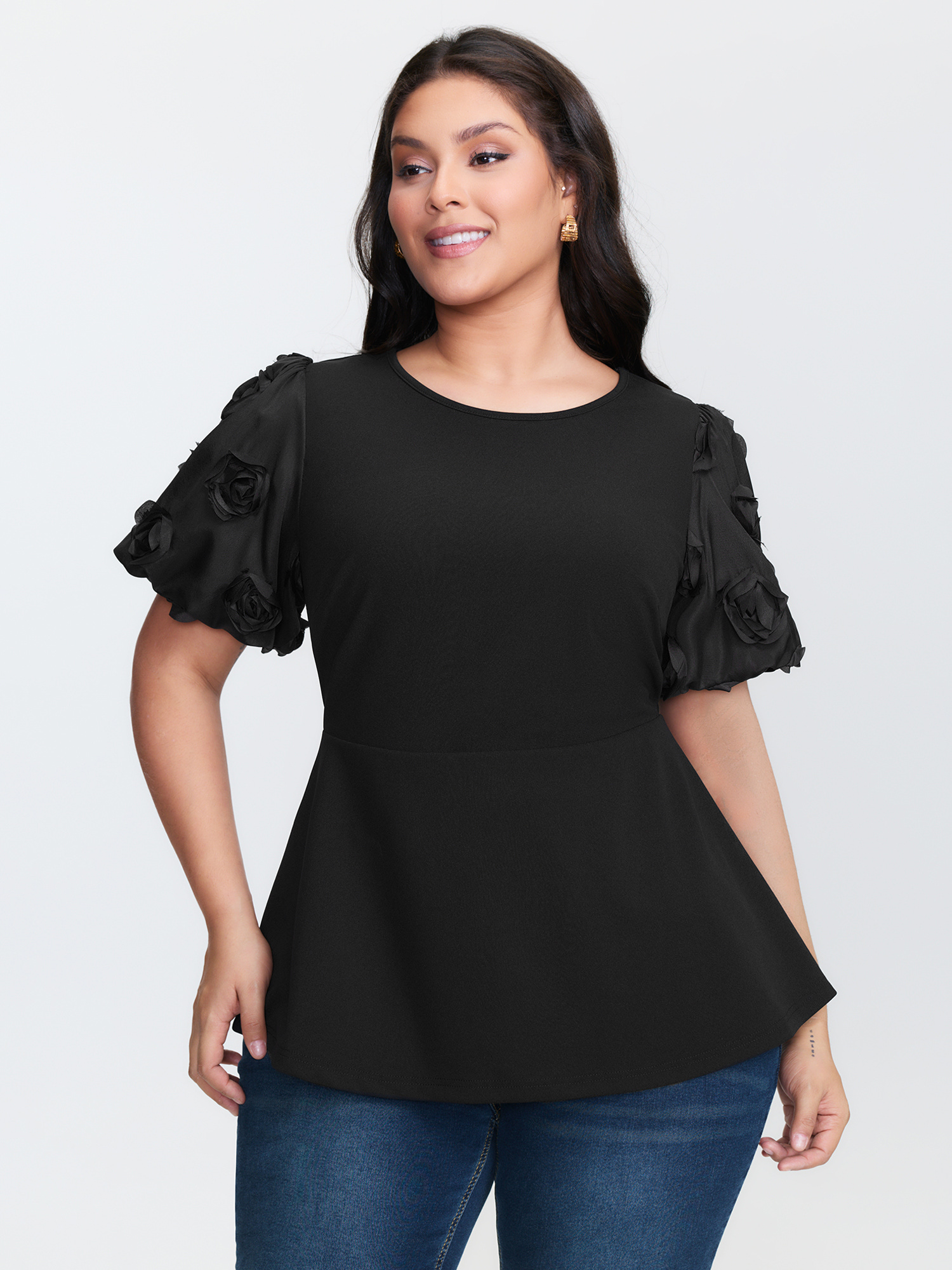 BloomChic Plus Size 3D Textured Sleeve Cinched-Waist T-Shirt - Women's Black Solid Round Neck Comfort Midsection Fit Long Sleeve Playful T-shirts 32/5X