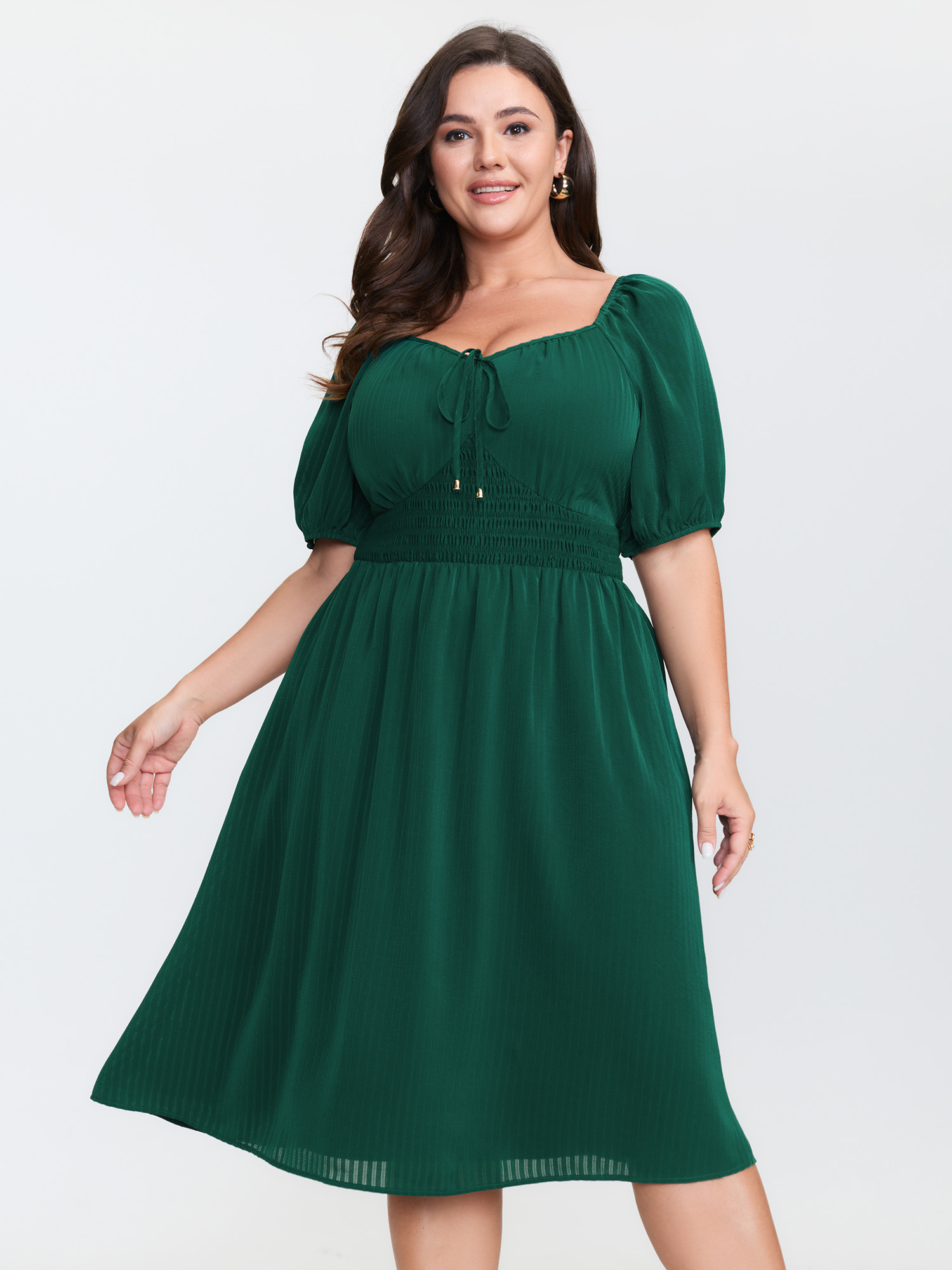 BloomChic Women's Plus Size Textured Triangular Cinched Waist Midi Dress DarkGreen Synthetic texture Midi Everyday-Elegant Knotted 12/L