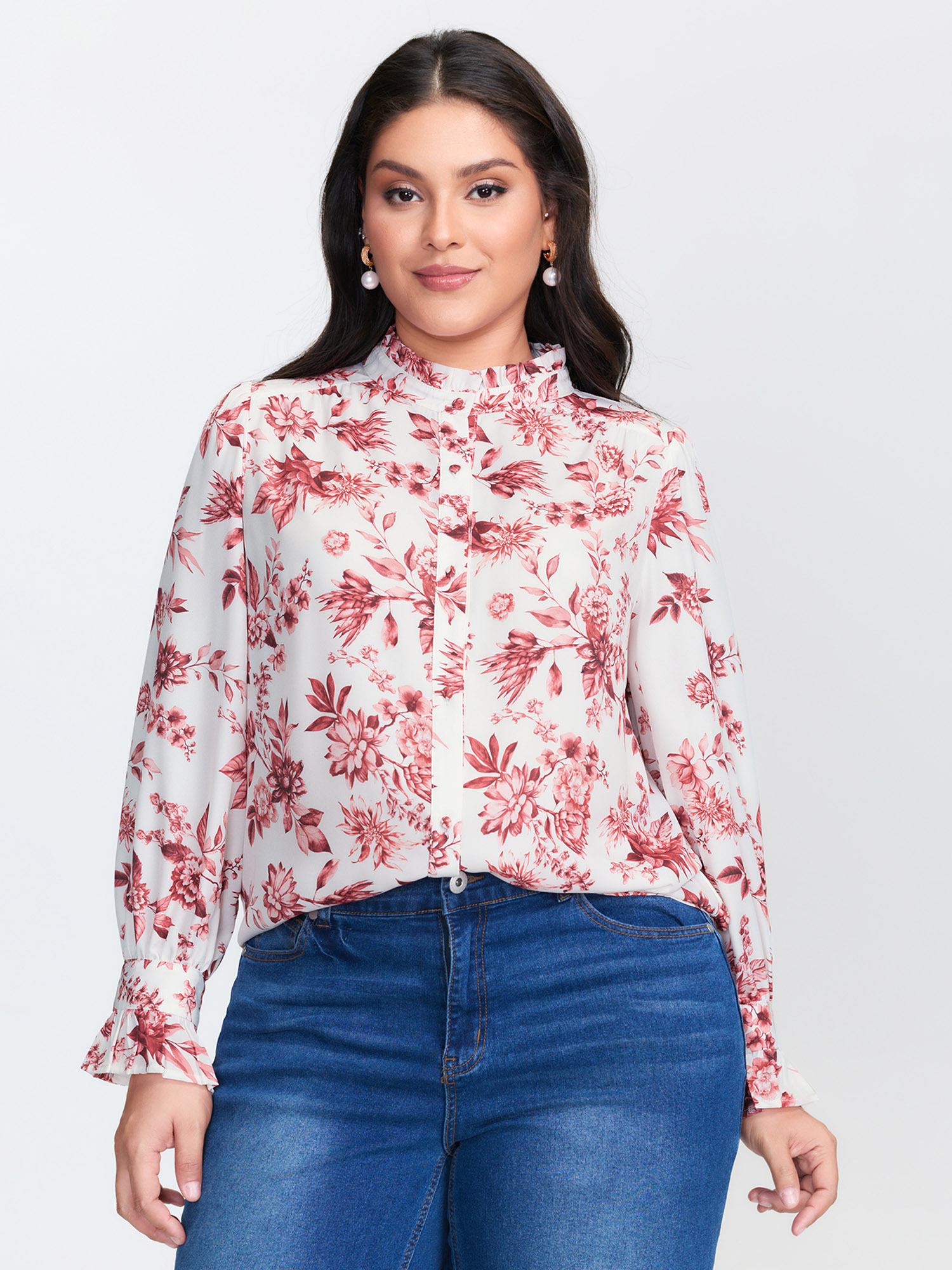BloomChic Women's Plus Size Floral Print Ruffled Mock Neck Blouse Scarlet Floral Everyday-Elegant Long Sleeve Round Neck 10/M