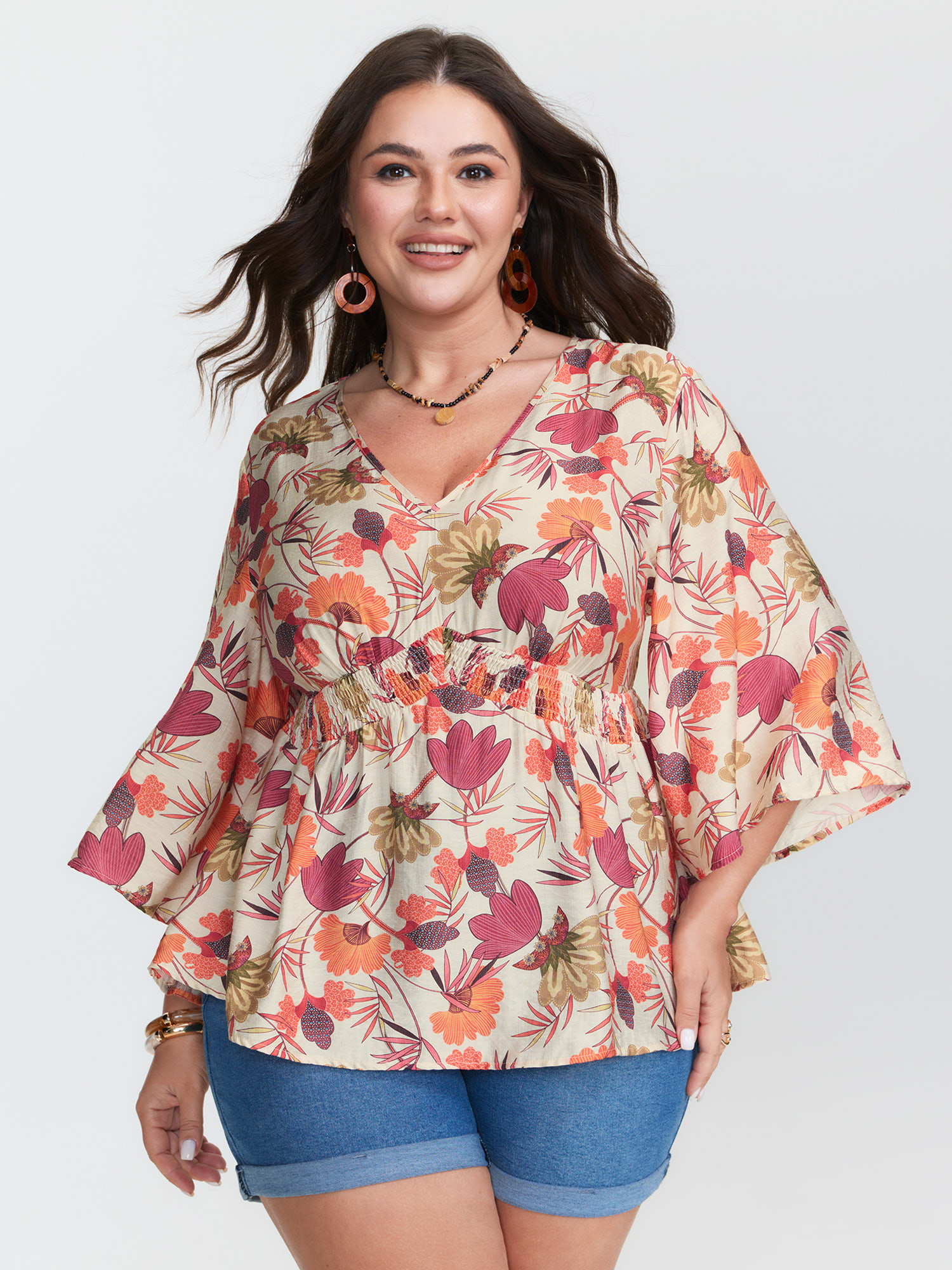 BloomChic Women's Plus Size Floral Print Shirred Babydoll Blouse Multicolor Tropical Vacation 3/4 Sleeve 10/M