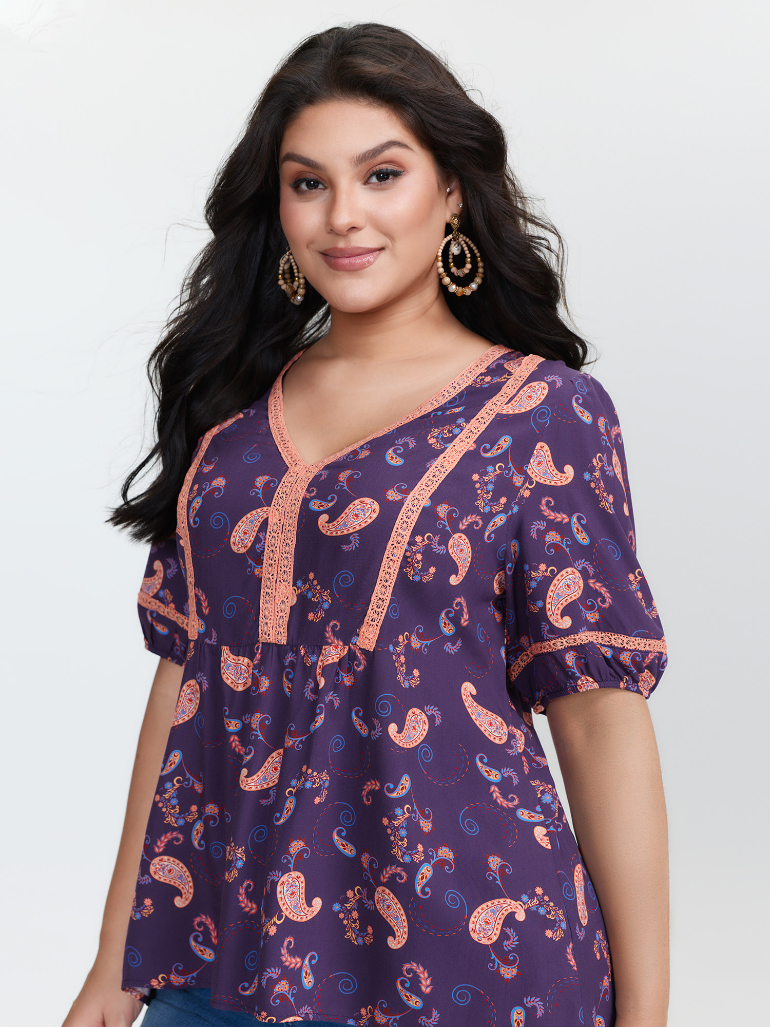BloomChic Women's Plus Size Supersoft Printed High Low Hem Blouse Indigo Paisley Vacation Half Sleeve 10/M