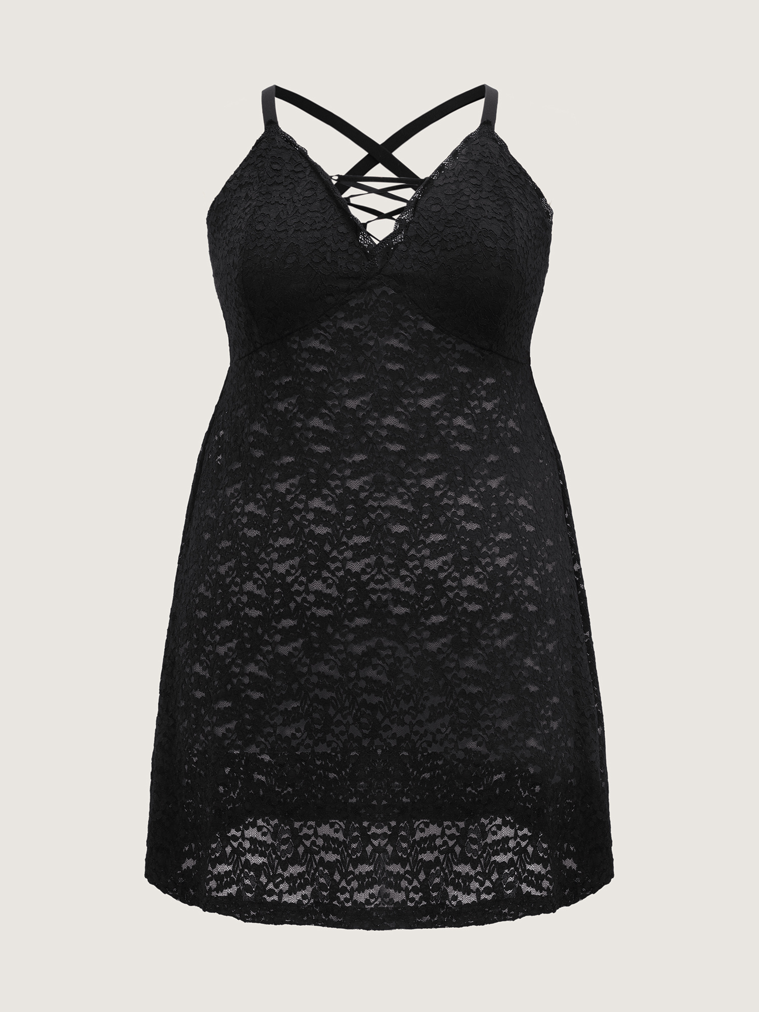Side view of BloomChic Women's Plus Size Sheer Lace Textured Crosstie Nightgown Black Sleeveless Tunic 26/4X