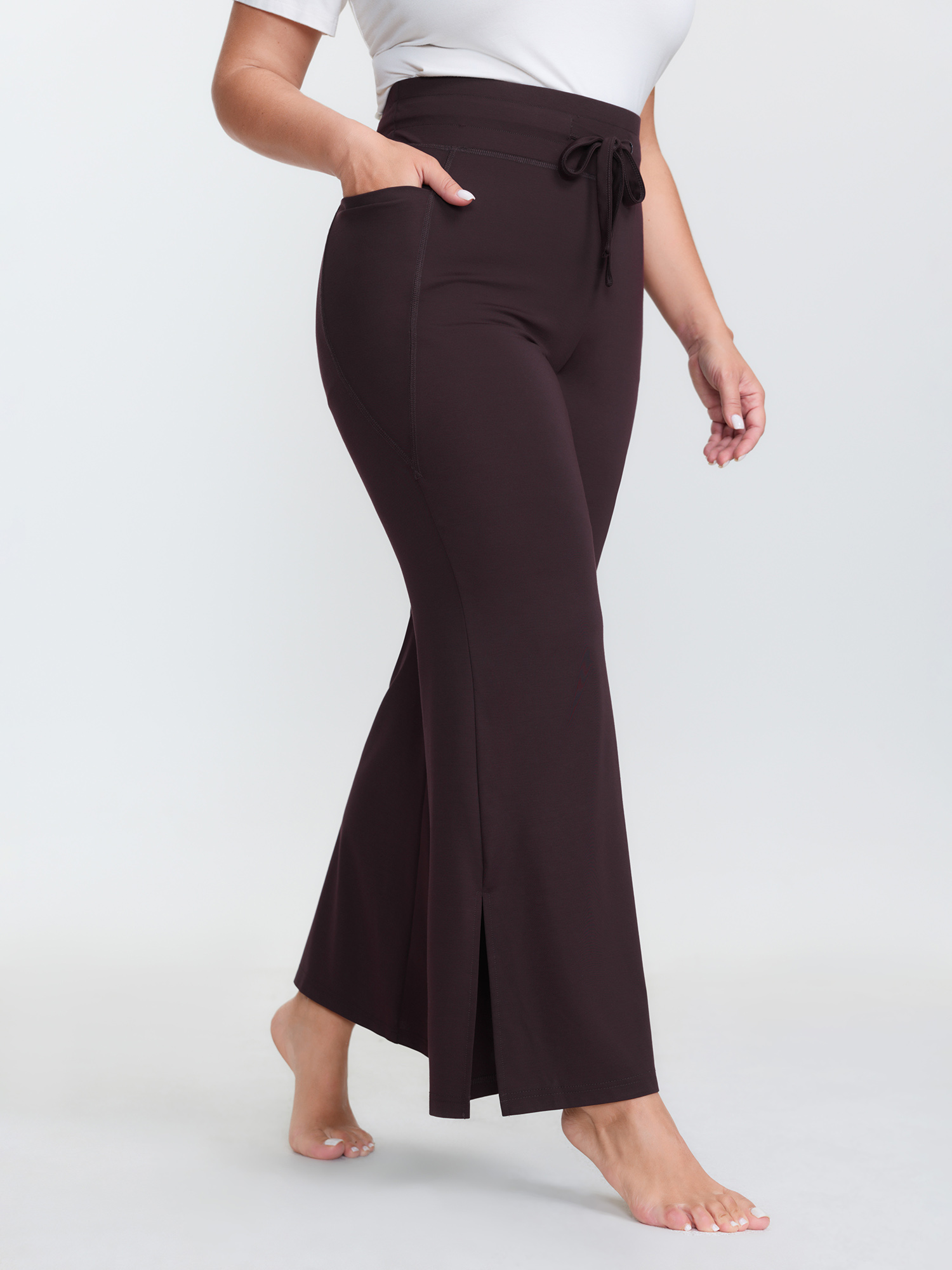 Side view of BloomChic Women's Plus Size Supersoft Drawstring Bootcut Lounge Bottoms Browncoffeecolor Knee 12/L