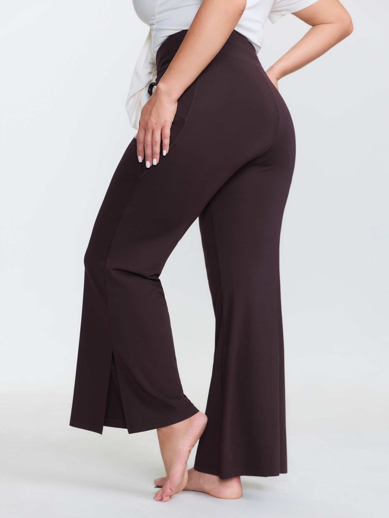 Side view of BloomChic Women's Plus Size Supersoft Drawstring Bootcut Lounge Bottoms Browncoffeecolor Knee 12/L