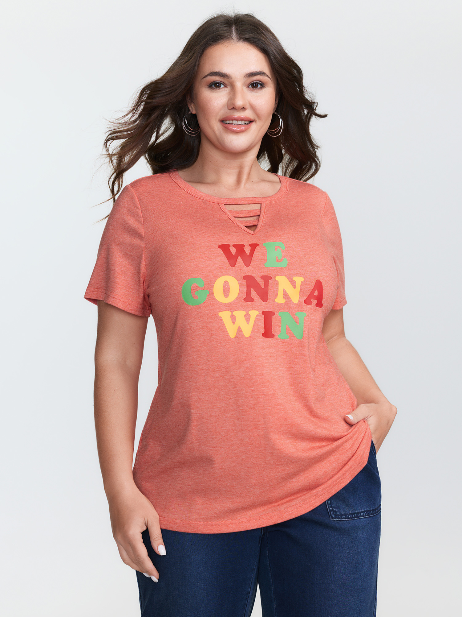 BloomChic Women's Plus Size Supersoft We Gonna Win Cut-Out T-Shirt Coral Letter Everyday-Casual Short sleeve 10/M