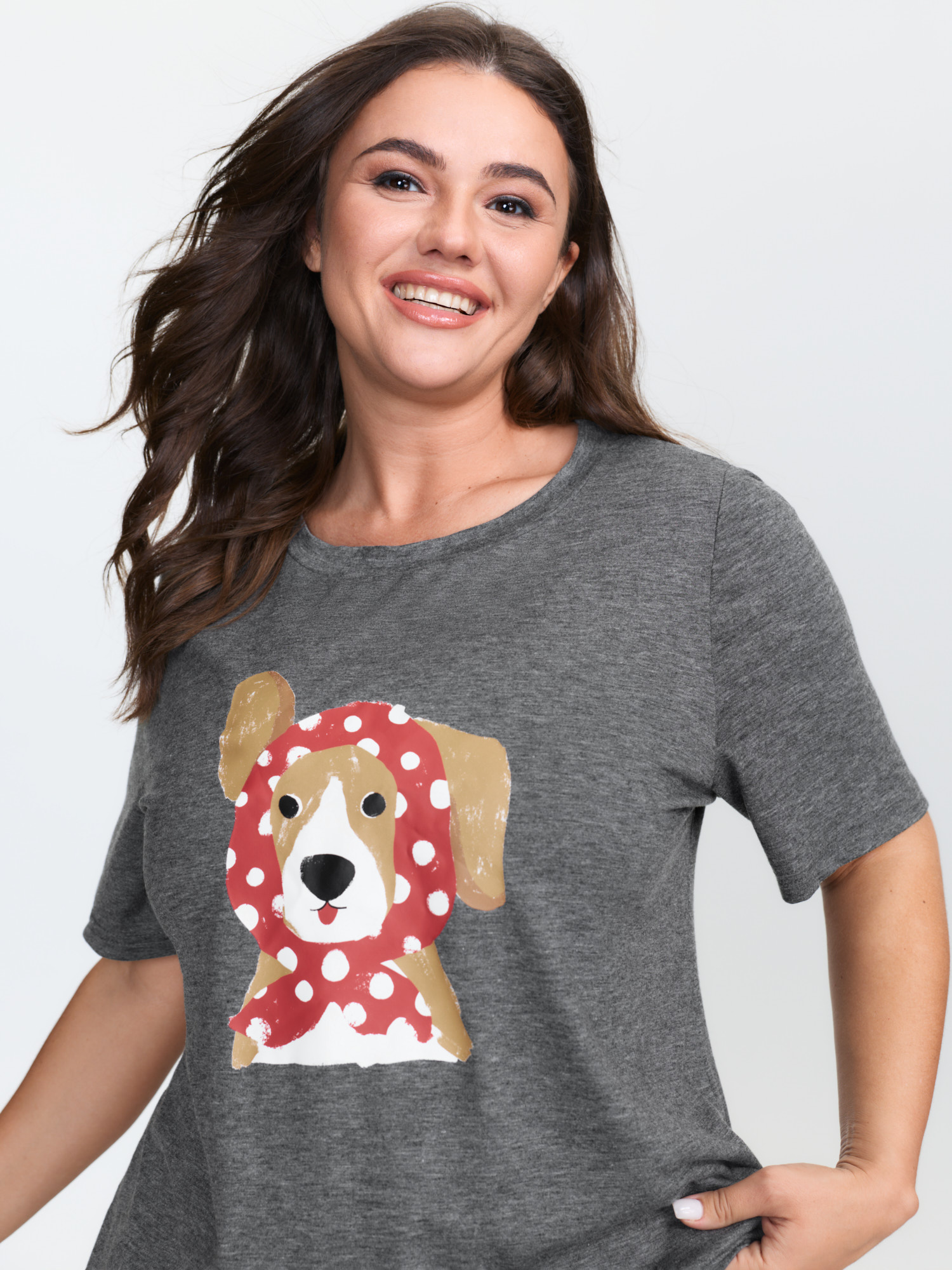 Side view of BloomChic Women's Plus Size Supersoft Puppy Print Lounge Set DimGray Short sleeve 26/4X