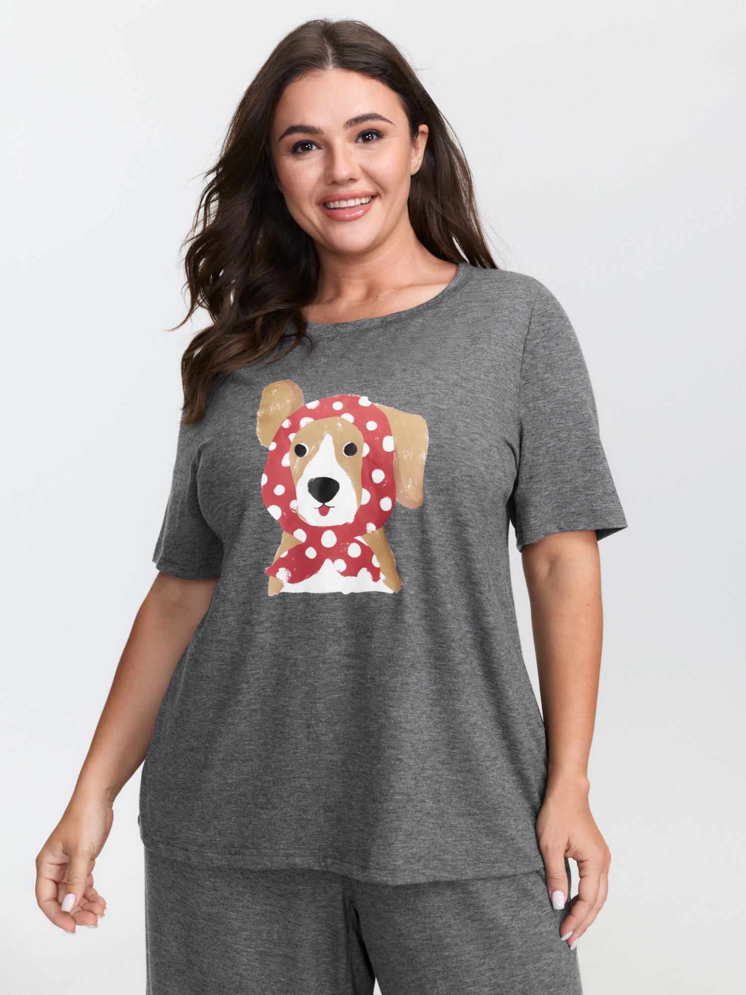 Side view of BloomChic Women's Plus Size Supersoft Puppy Print Lounge Set DimGray Short sleeve 26/4X