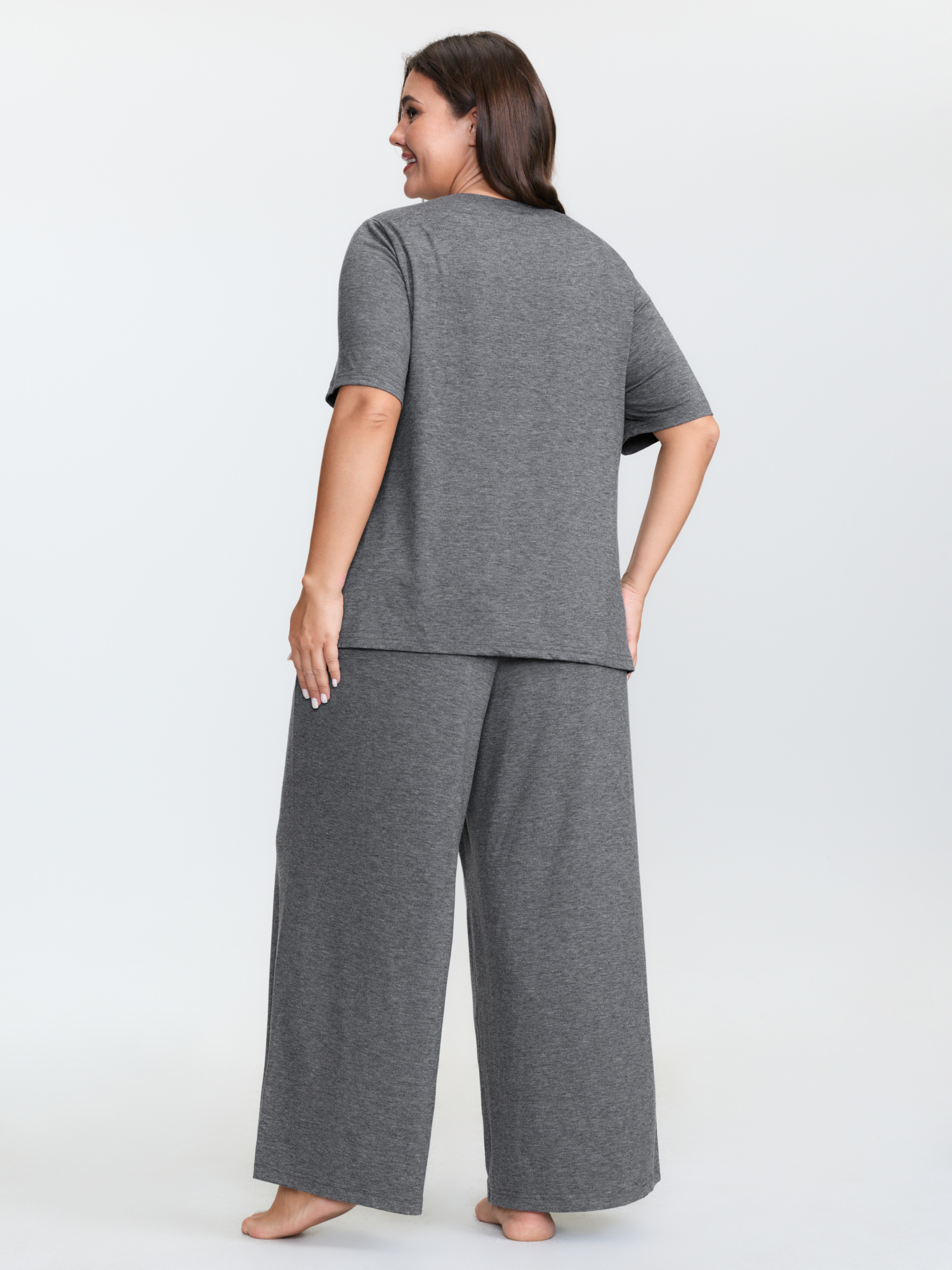 Side view of BloomChic Women's Plus Size Supersoft Puppy Print Lounge Set DimGray Short sleeve 26/4X
