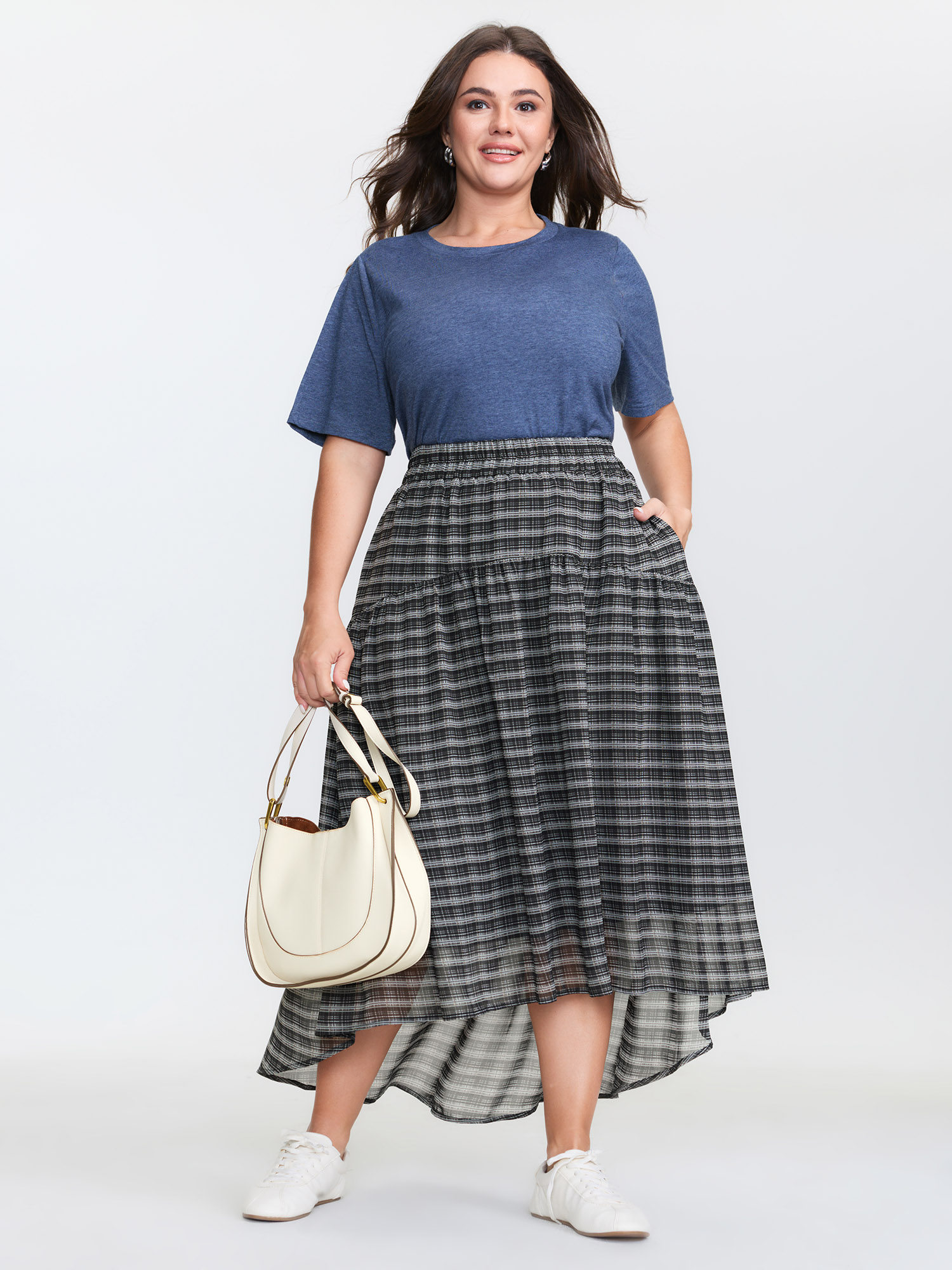 BloomChic Women's Plus Size Checkered High-Low Hem Maxi Skirt Black Gathered Flared Casual 30/6X