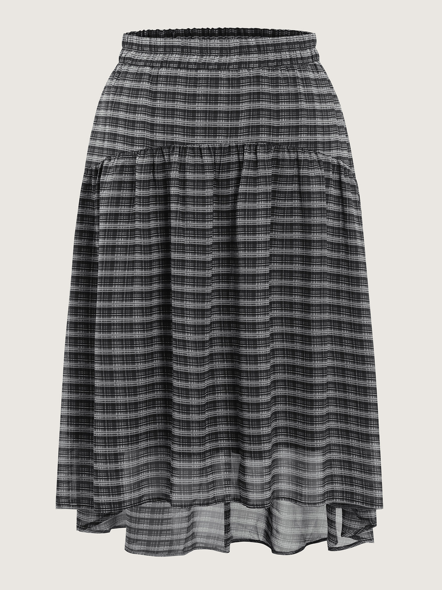 Side view of BloomChic Women's Plus Size Checkered High-Low Hem Maxi Skirt Black Gathered Flared Casual 30/6X