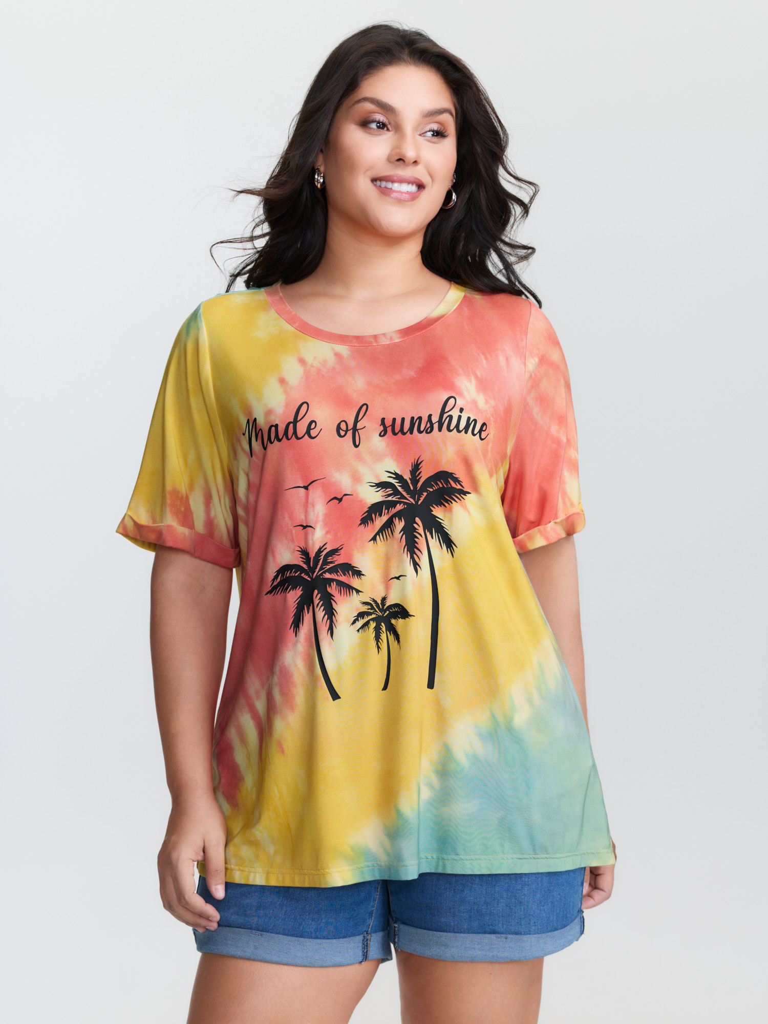 BloomChic Women's Plus Size Tropical Pattern Color Gradient T-Shirt Multicolor Gradient dyeing Everyday-Casual Short sleeve 10/M