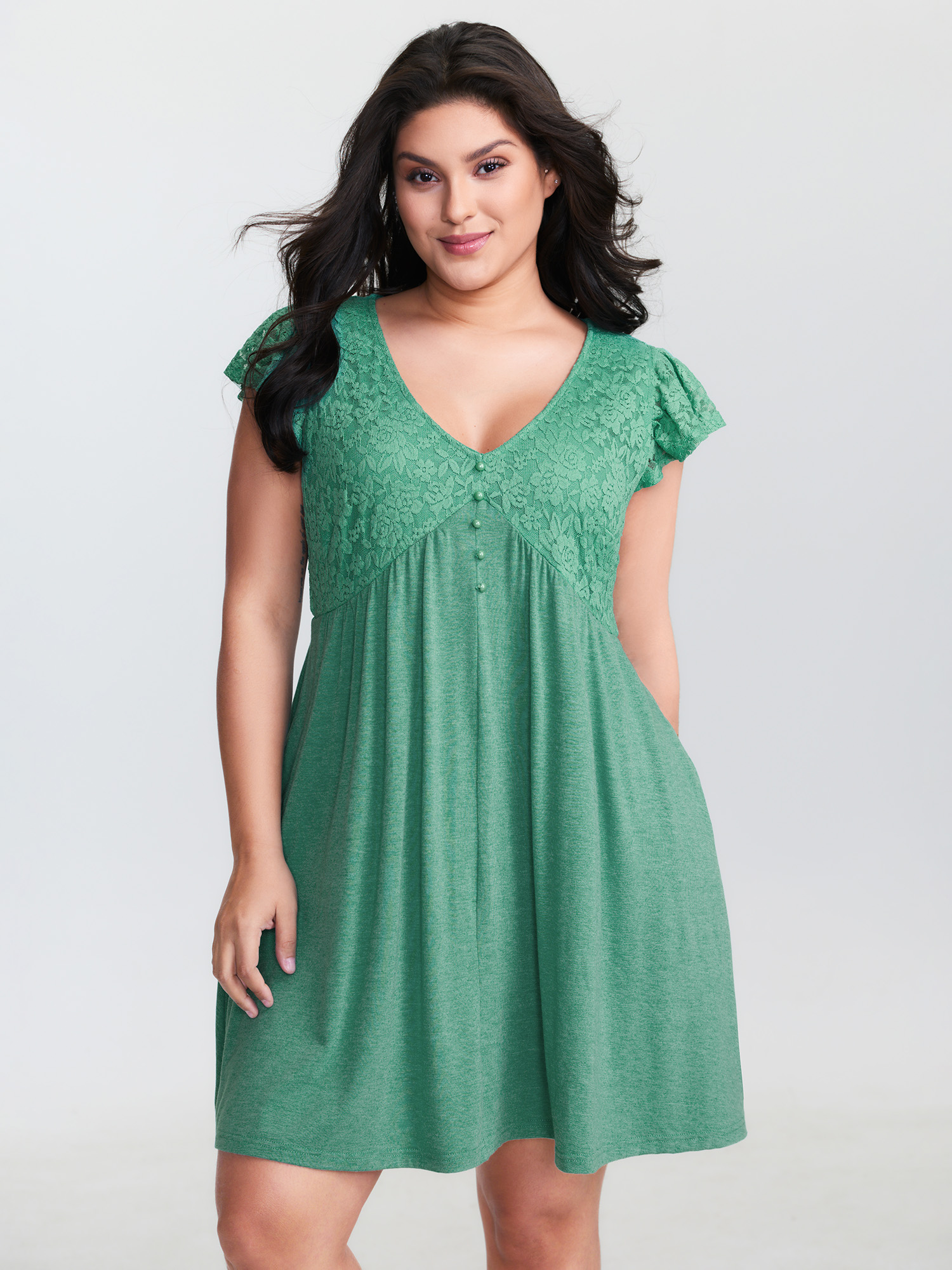 BloomChic Women's Plus Size Textured Lace Ruffled Sleeve Nightgown Emerald Short sleeve 26/4X-image-48008517910698